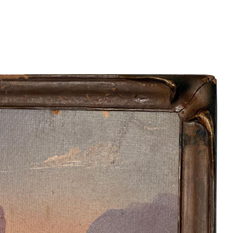 Early 1900s Antique Ship Painting in Carved Wood Trompe L'Oeil Frame In Good Condition In Oklahoma City, OK