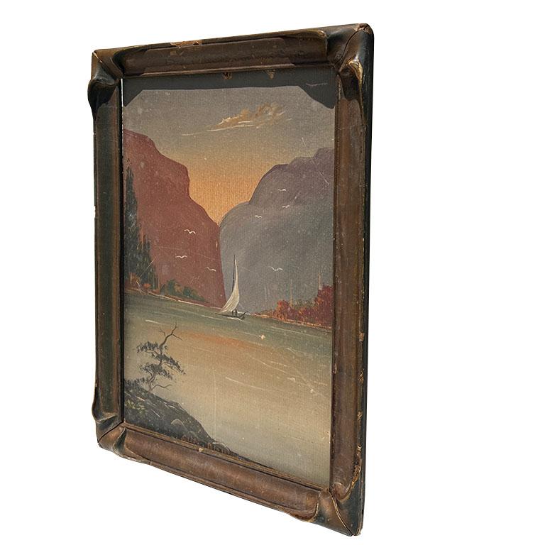 19th Century Early 1900s Antique Ship Painting in Carved Wood Trompe L'Oeil Frame