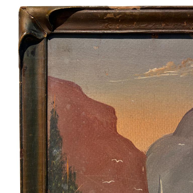 Early 1900s Antique Ship Painting in Carved Wood Trompe L'Oeil Frame 1