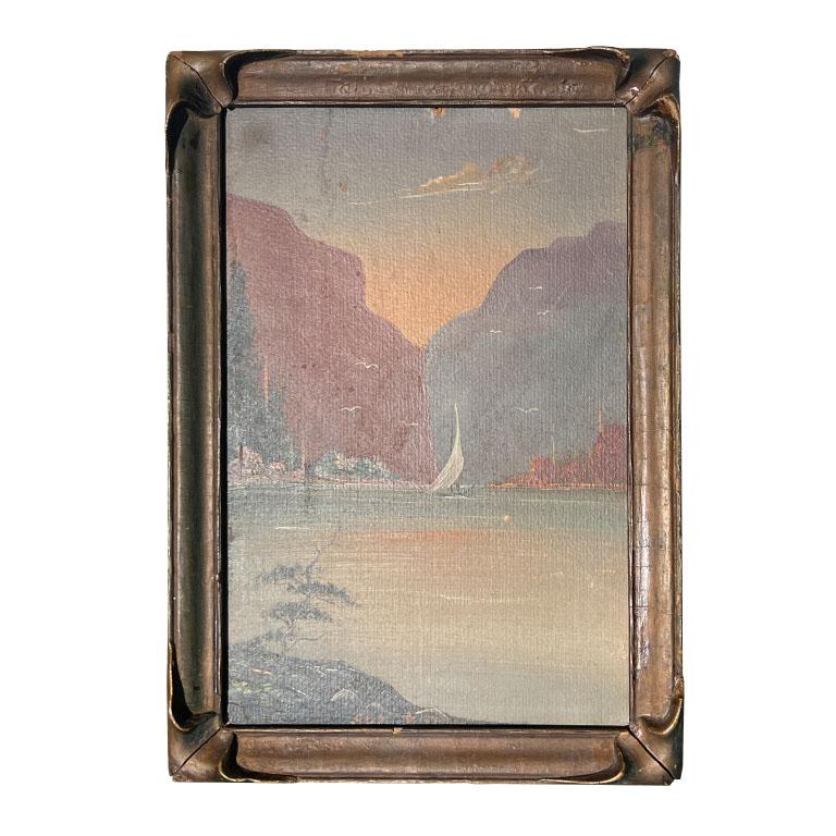 Early 1900s Antique Ship Painting in Carved Wood Trompe L'Oeil Frame 2