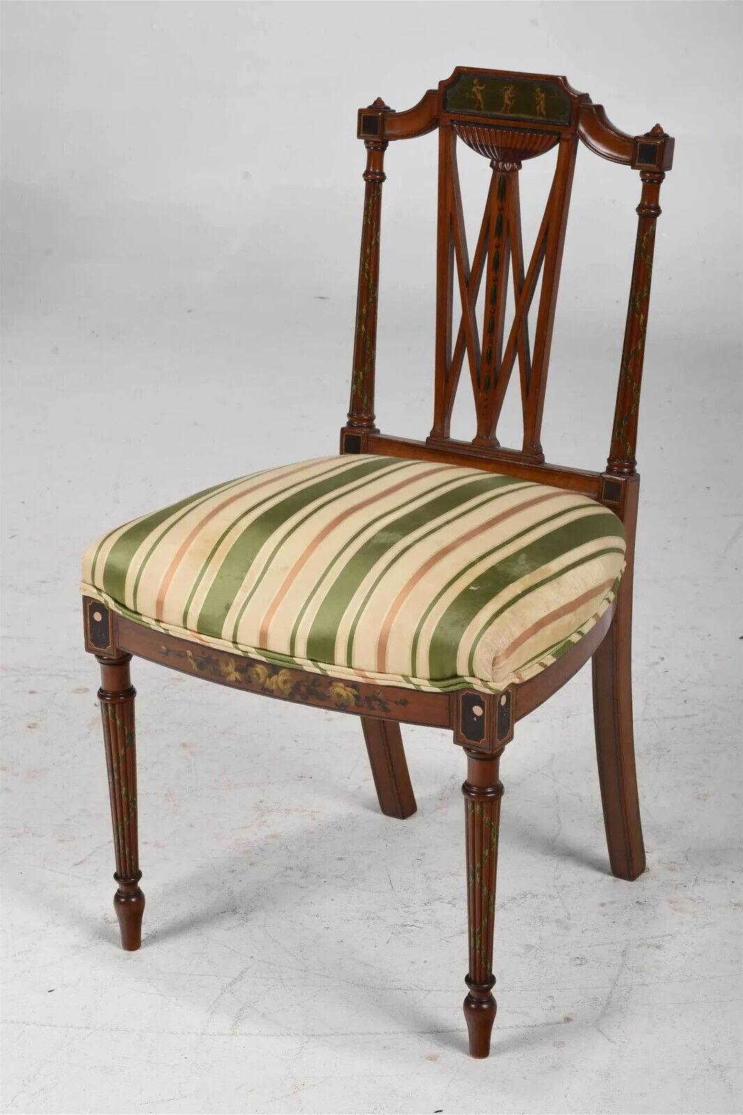 Early 1900s Antique Silk, Set of 6, Edwardian, Paint Decorated Dining Chairs!! For Sale 4