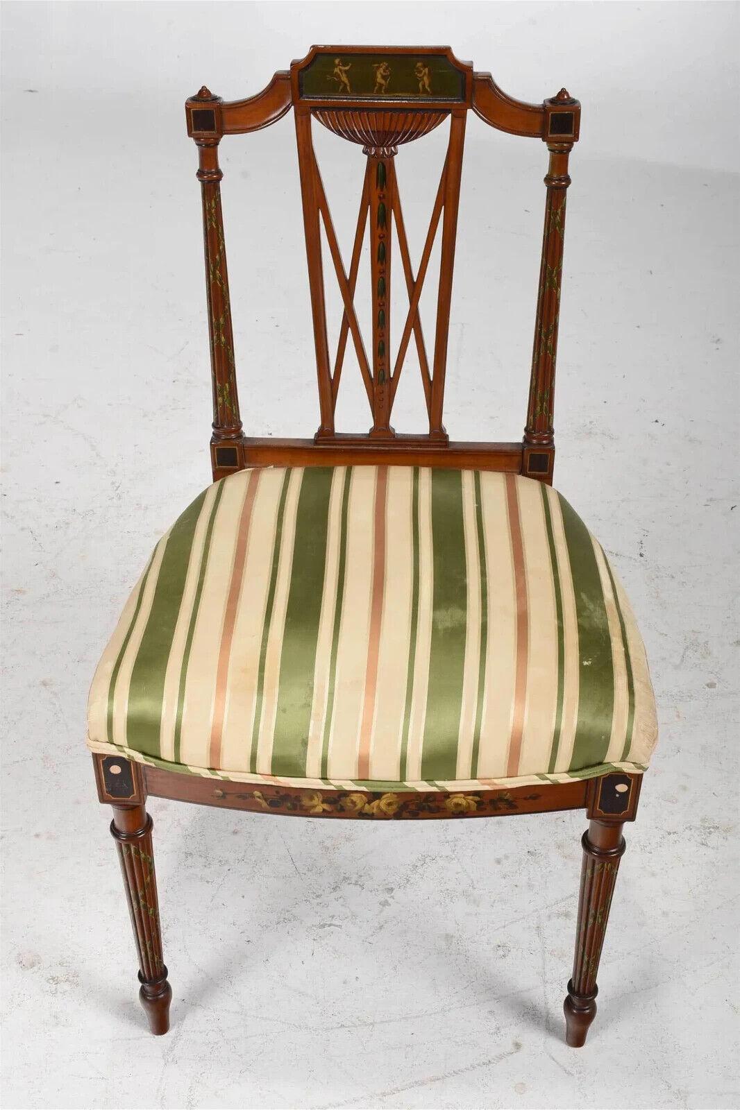 Early 1900s Antique Silk, Set of 6, Edwardian, Paint Decorated Dining Chairs!! For Sale 9