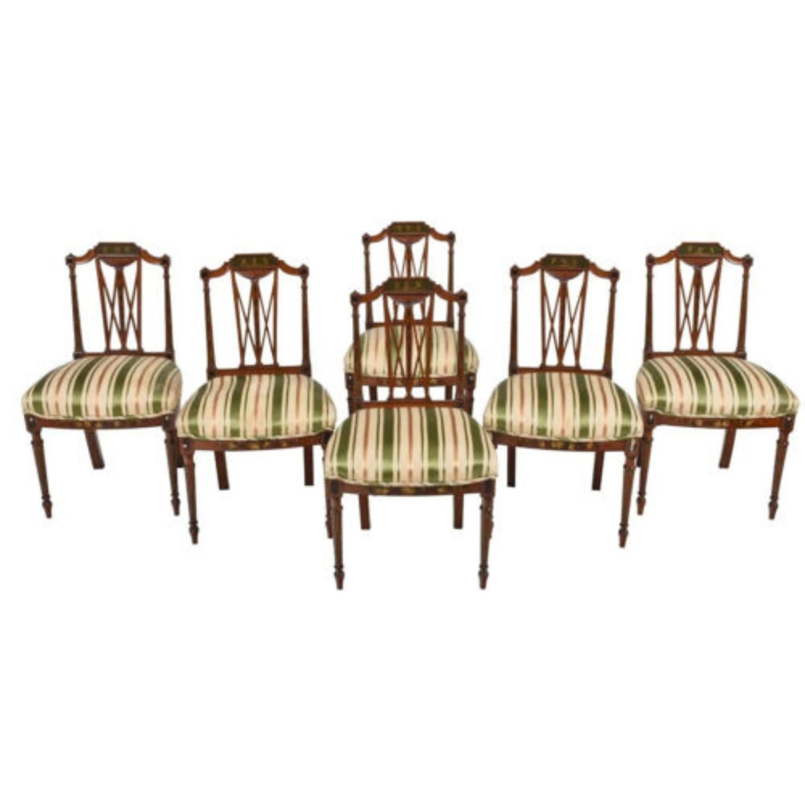 Early 1900s Antique Silk, Set of 6, Edwardian, Paint Decorated Dining Chairs!! For Sale 14