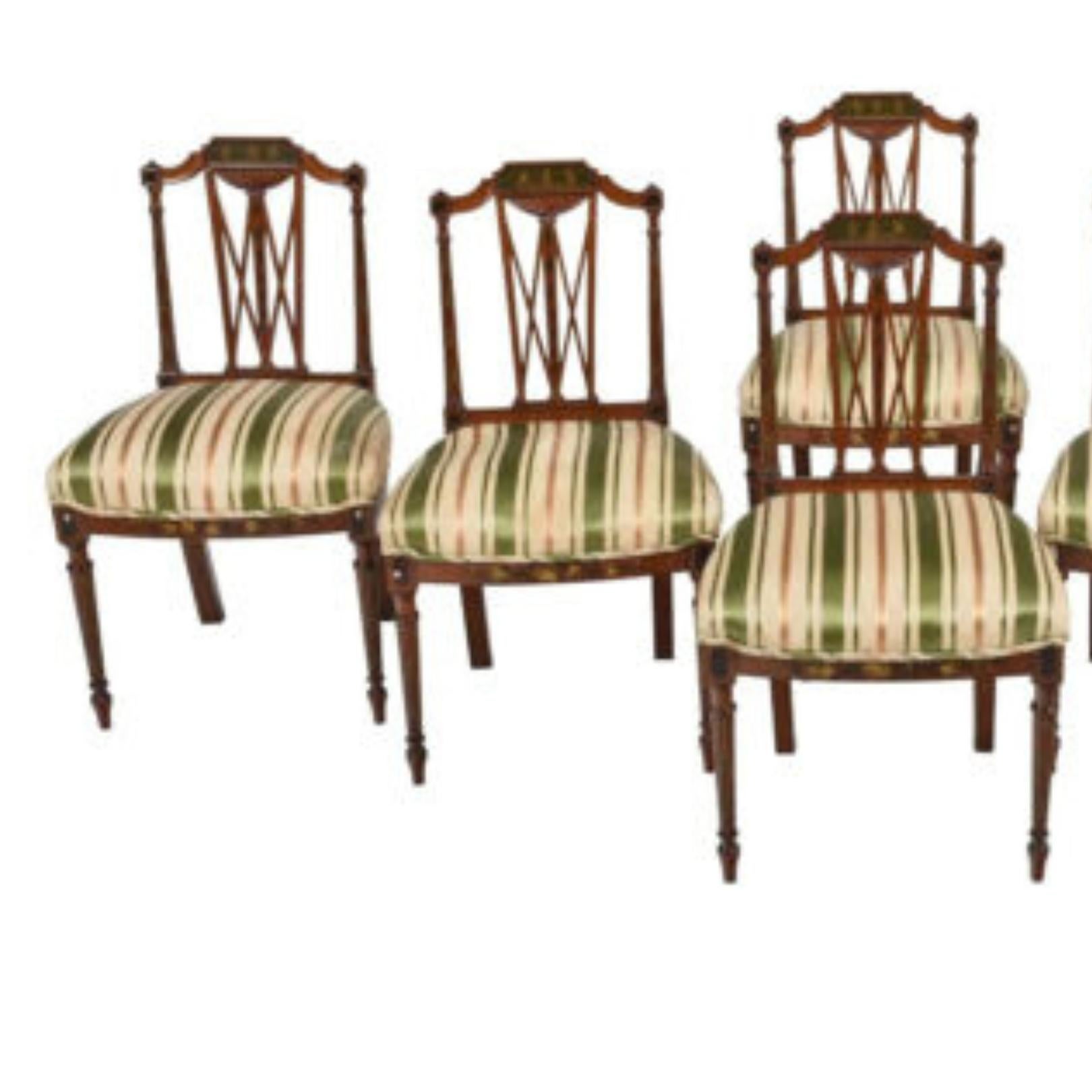 English Early 1900s Antique Silk, Set of 6, Edwardian, Paint Decorated Dining Chairs!! For Sale