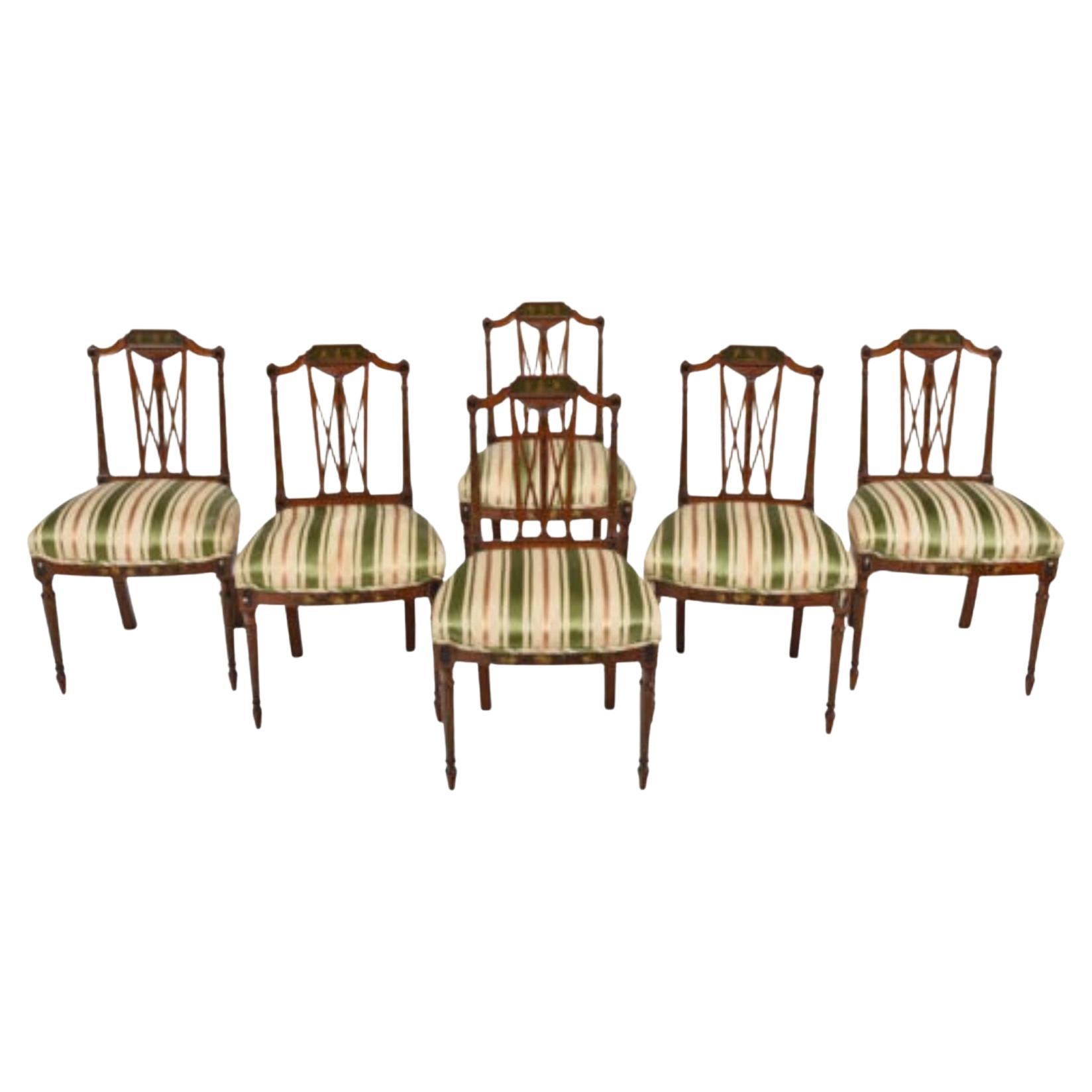 Early 1900s Antique Silk, Set of 6, Edwardian, Paint Decorated Dining Chairs!! For Sale
