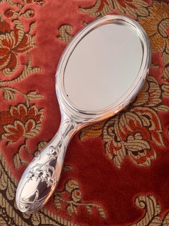 Early 1900s Antique Silver Hand Vanity Mirror Lilies Of The Valley Decoration