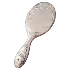 Early 1900s Antique Silver Hand Vanity Mirror Lilies Of The Valley Decoration