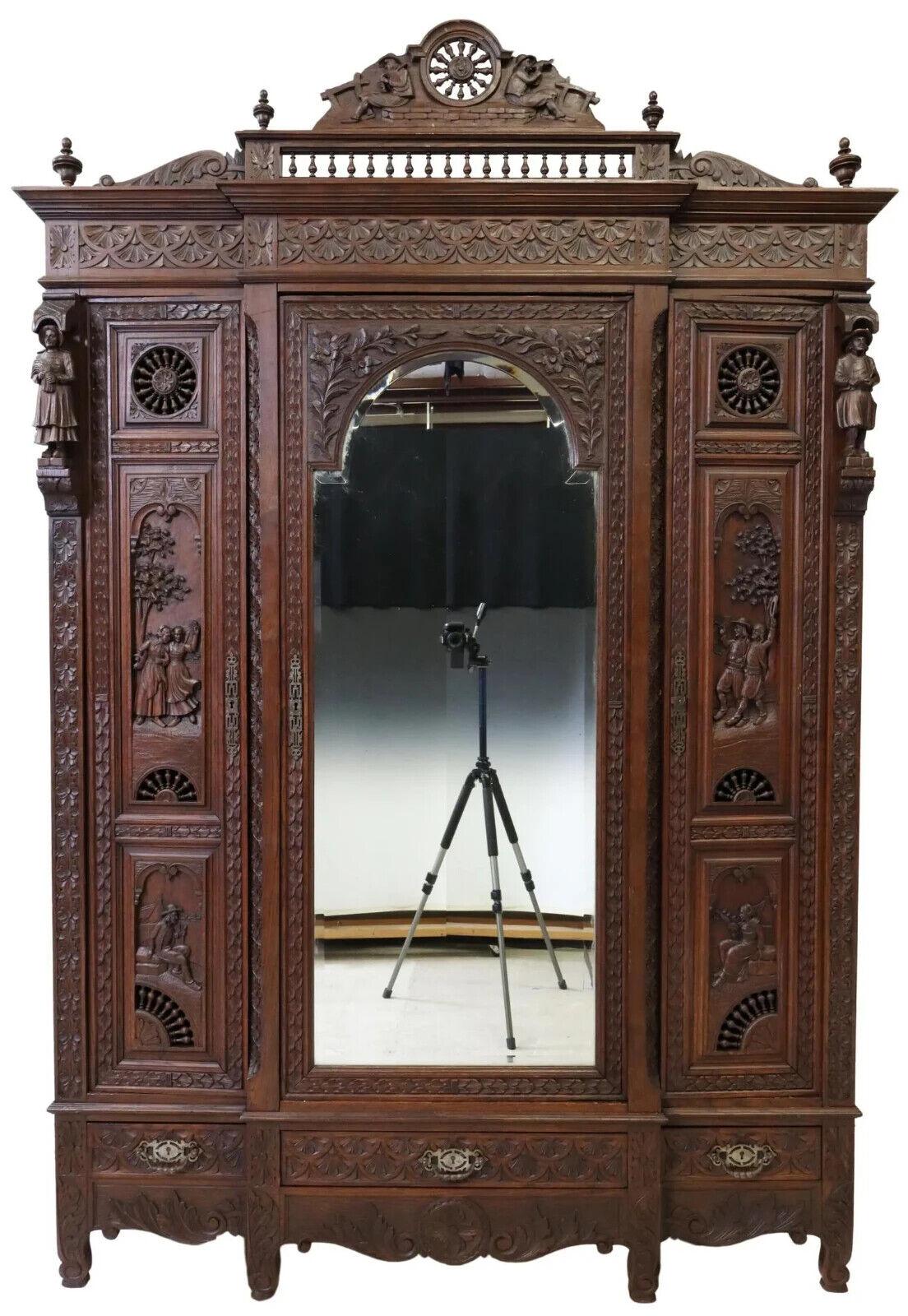 French Provincial Early 1900s Antique Triple, French Breton, Carved Oak, Mirrored Armoire