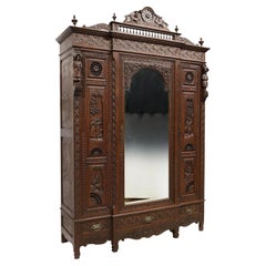 Early 1900s Antique Triple, French Breton, Carved Oak, Mirrored Armoire
