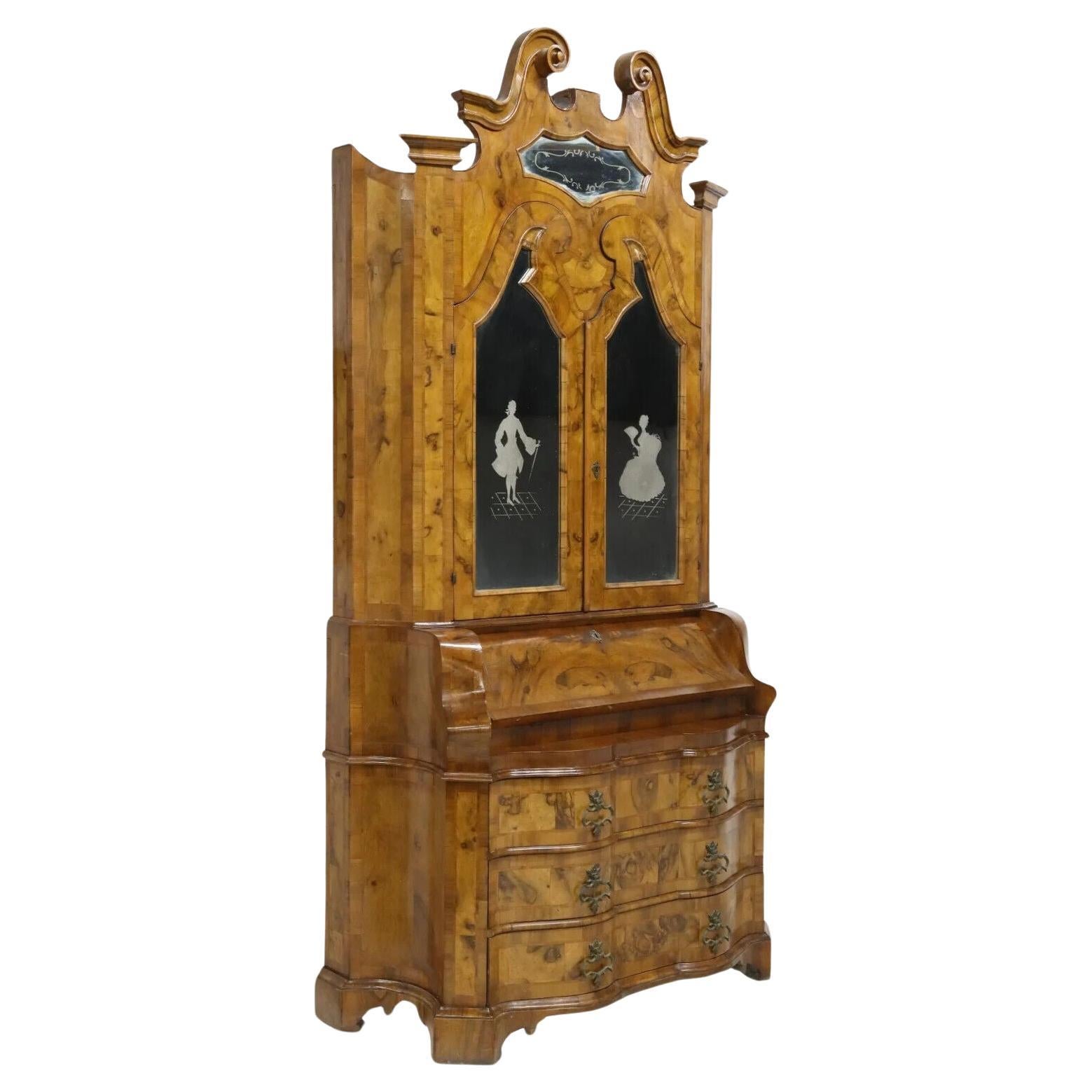 Secrétaire / Bureau Antique Vénitien, Brûlé, Noyer, Mirror, du début des années 1900 ! en vente