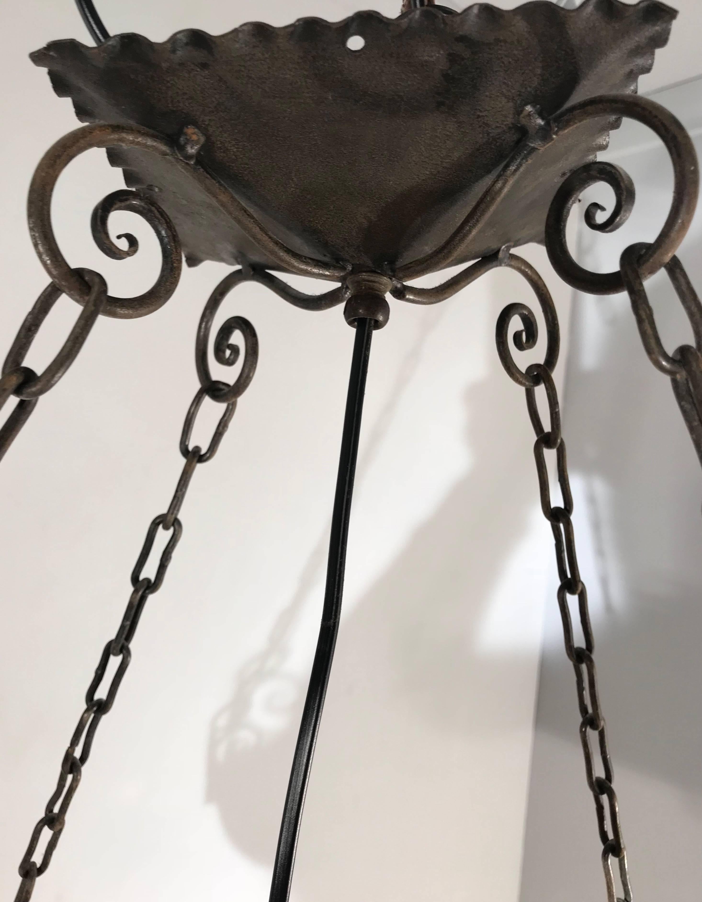 Early 1900s Antique Wrought Iron Square Shape Pendant Light with Real Hide Shade 3