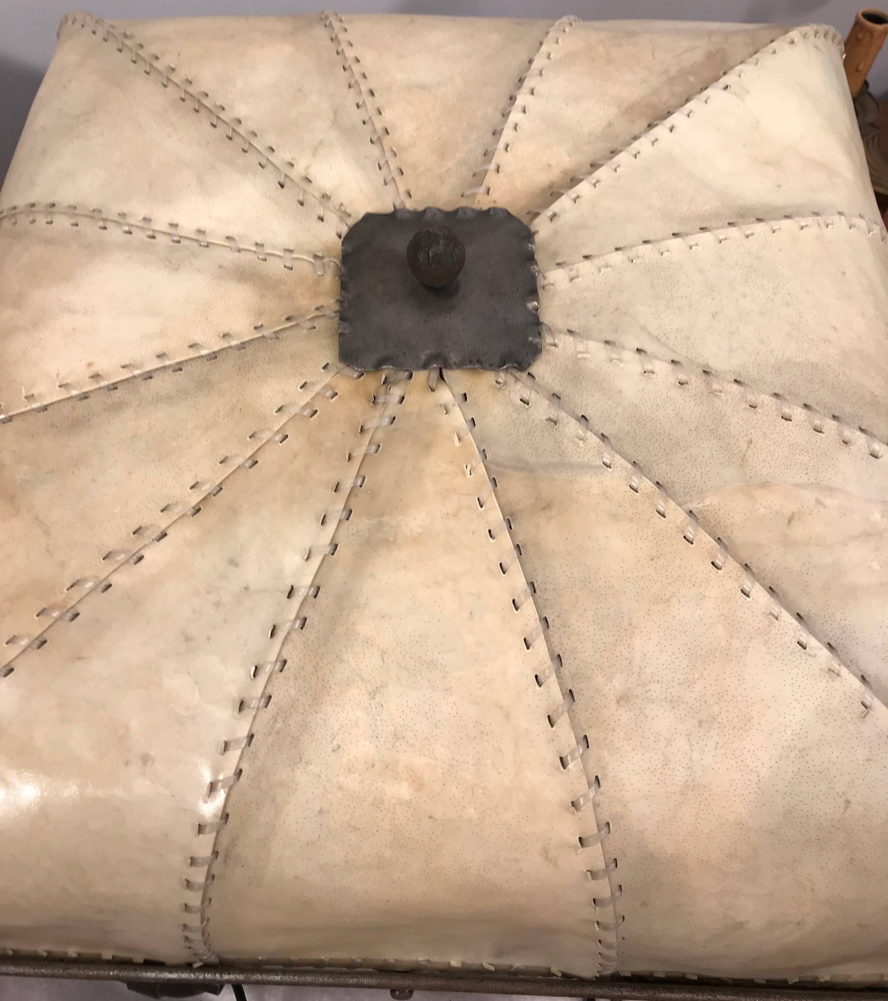 Early 1900s Antique Wrought Iron Square Shape Pendant Light with Real Hide Shade 5