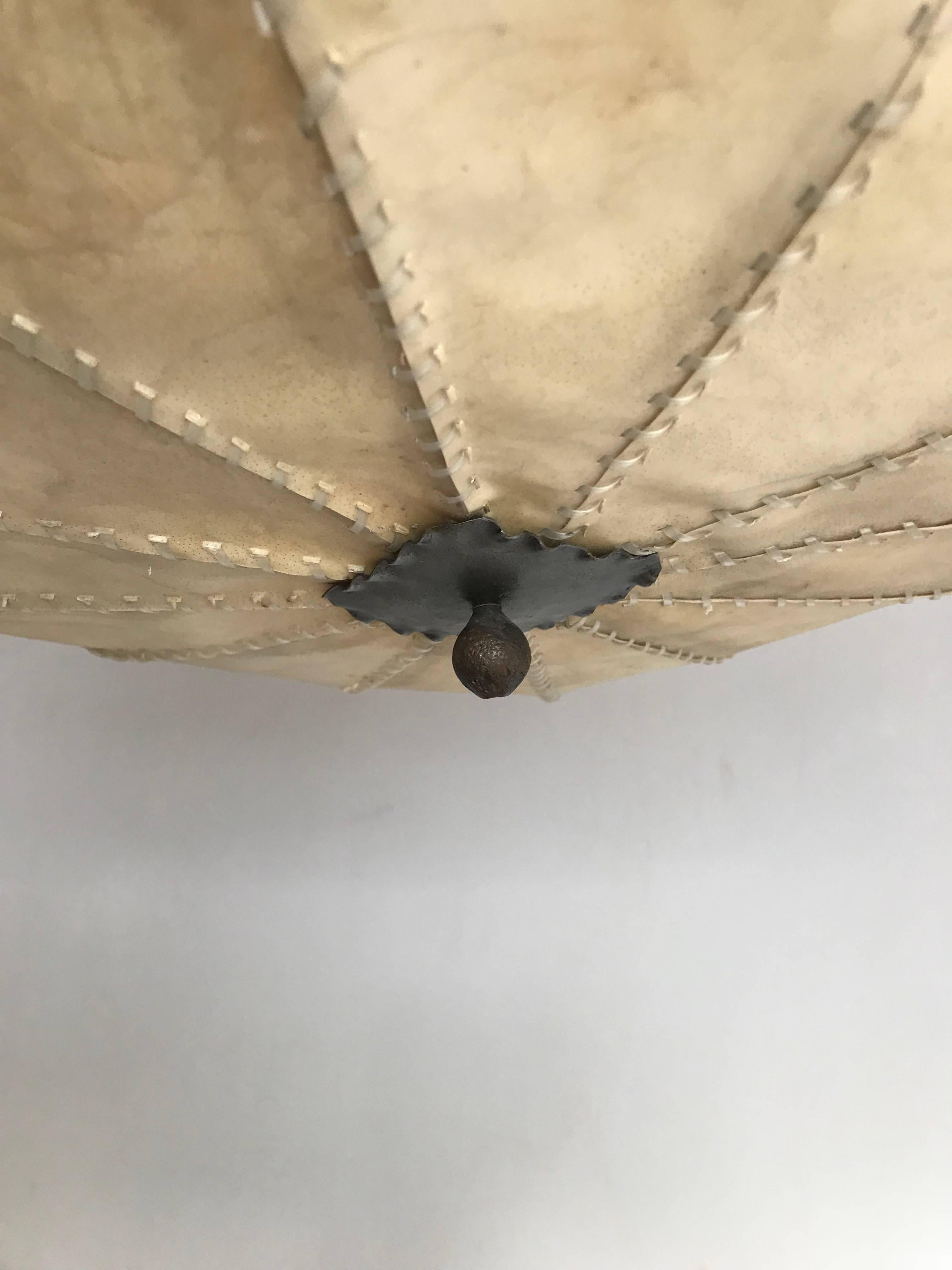 Early 1900s Antique Wrought Iron Square Shape Pendant Light with Real Hide Shade 6