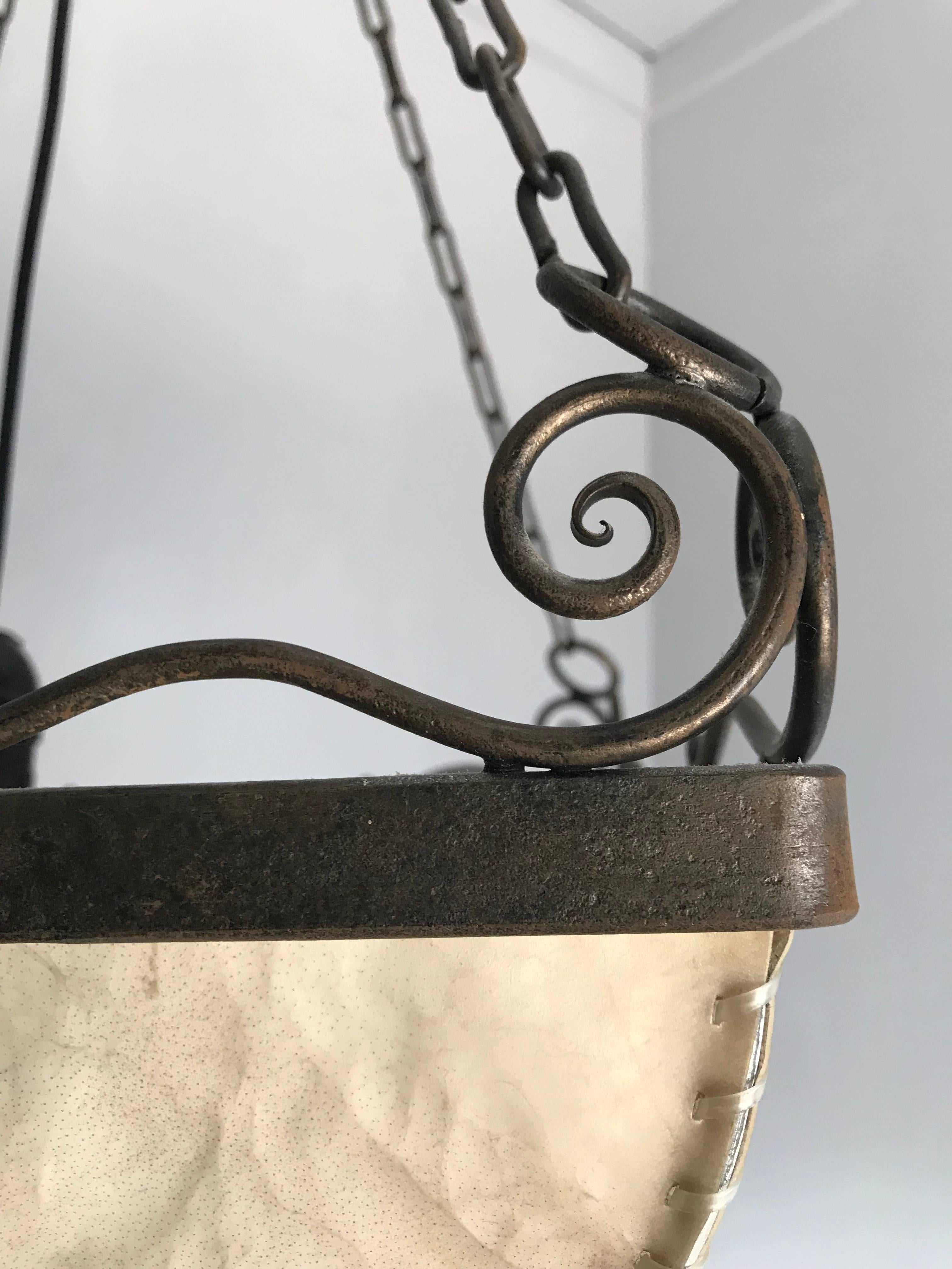 Early 1900s Antique Wrought Iron Square Shape Pendant Light with Real Hide Shade 7