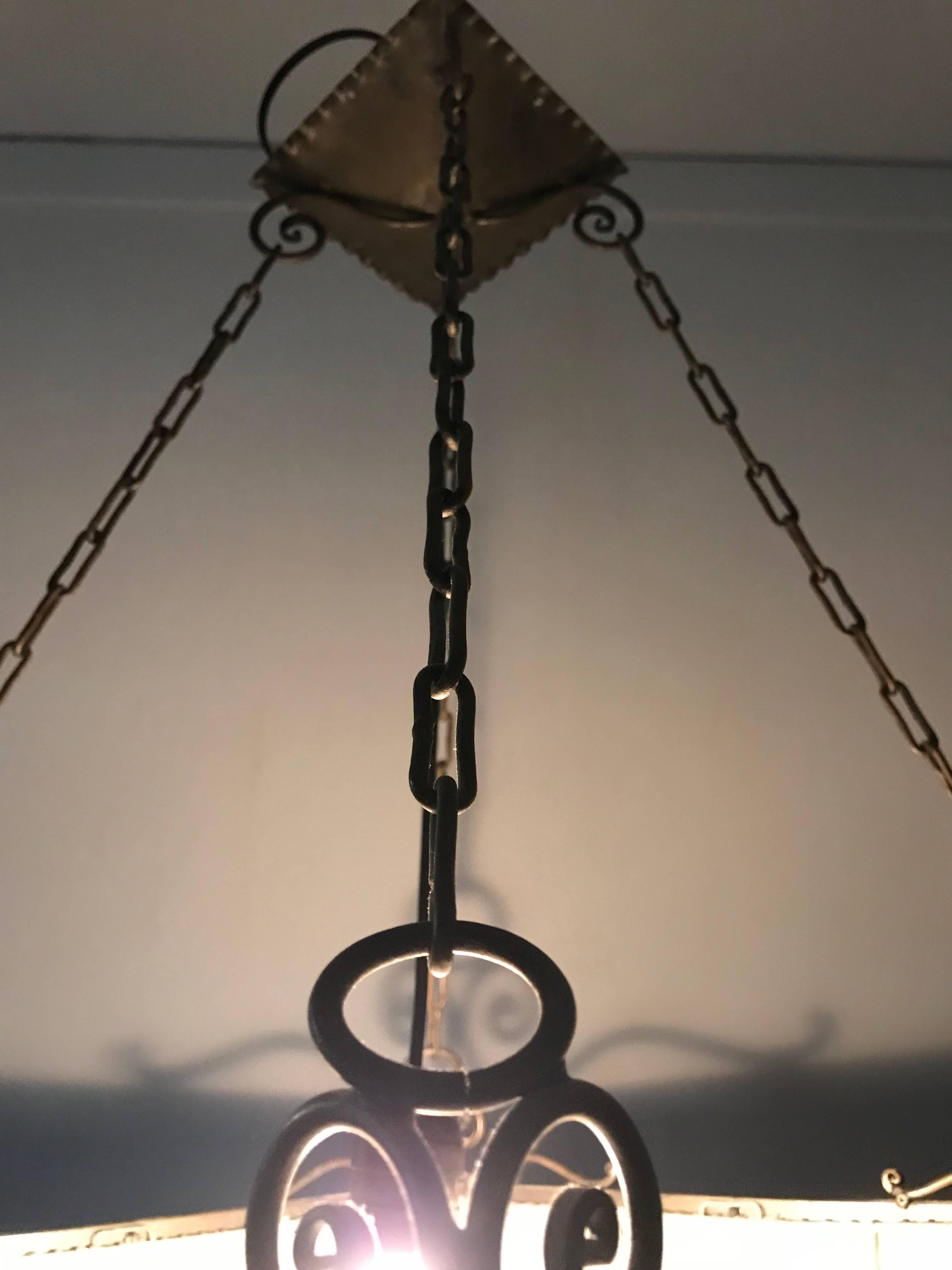 Early 1900s Antique Wrought Iron Square Shape Pendant Light with Real Hide Shade 8