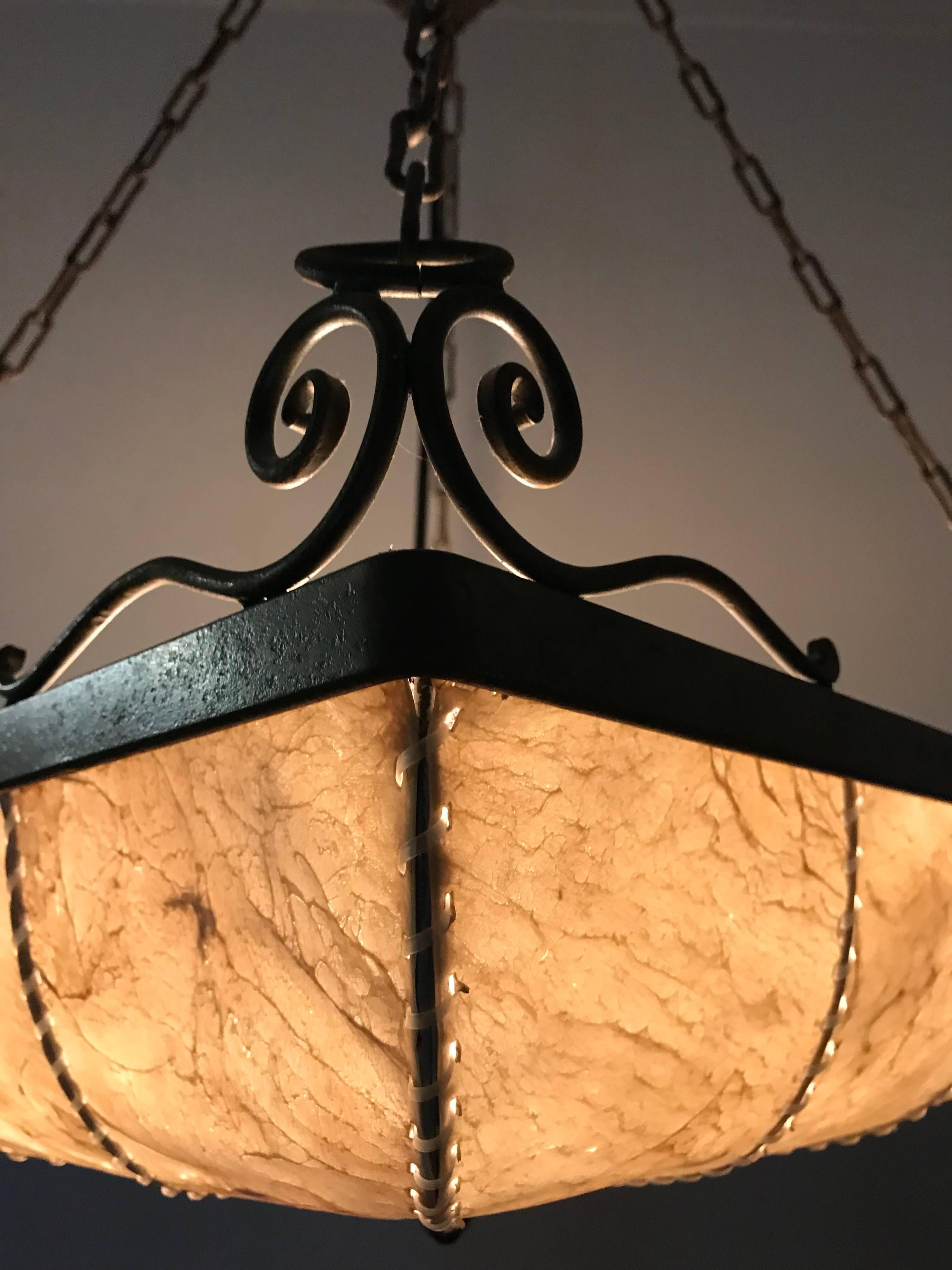 Arts and Crafts Early 1900s Antique Wrought Iron Square Shape Pendant Light with Real Hide Shade