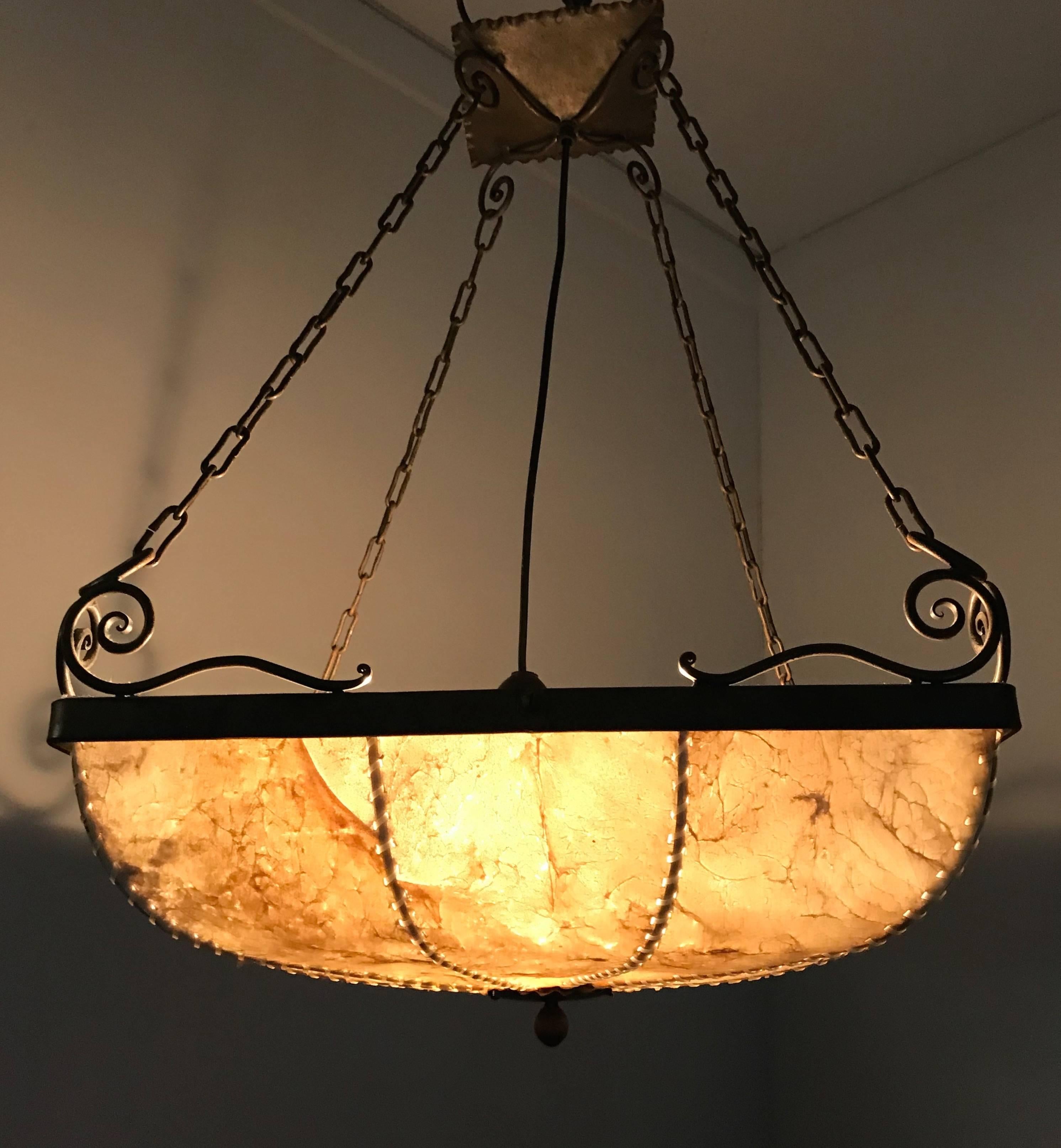 Hand-Crafted Early 1900s Antique Wrought Iron Square Shape Pendant Light with Real Hide Shade