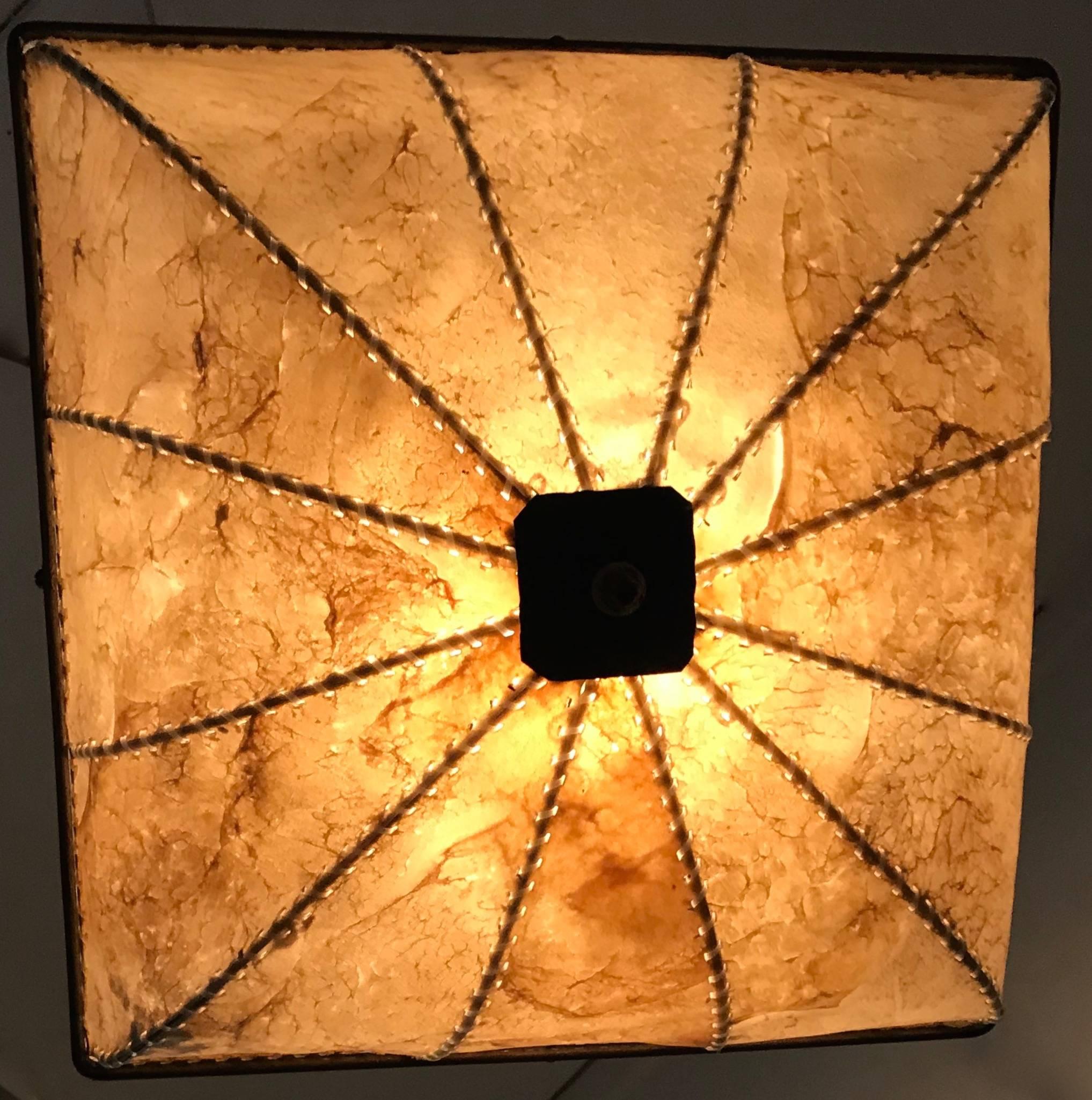 Early 1900s Antique Wrought Iron Square Shape Pendant Light with Real Hide Shade In Good Condition In Lisse, NL