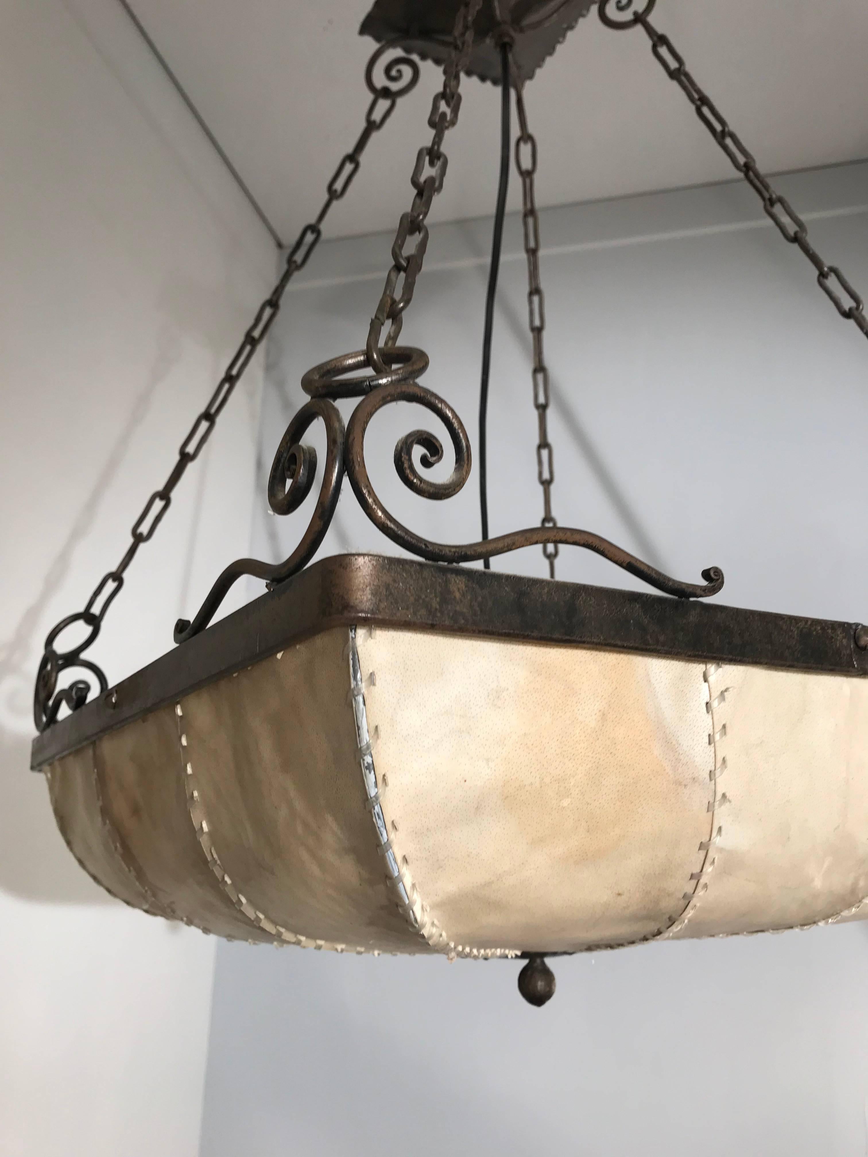 20th Century Early 1900s Antique Wrought Iron Square Shape Pendant Light with Real Hide Shade
