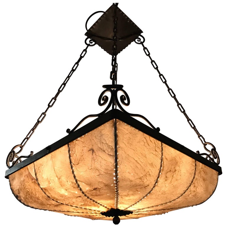 Early 1900s Antique Wrought Iron Square Shape Pendant Light With Real Hide Shade
