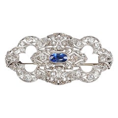 Early 1900s Art Deco 18 Karat White Gold Brooch with Sapphire and Diamonds