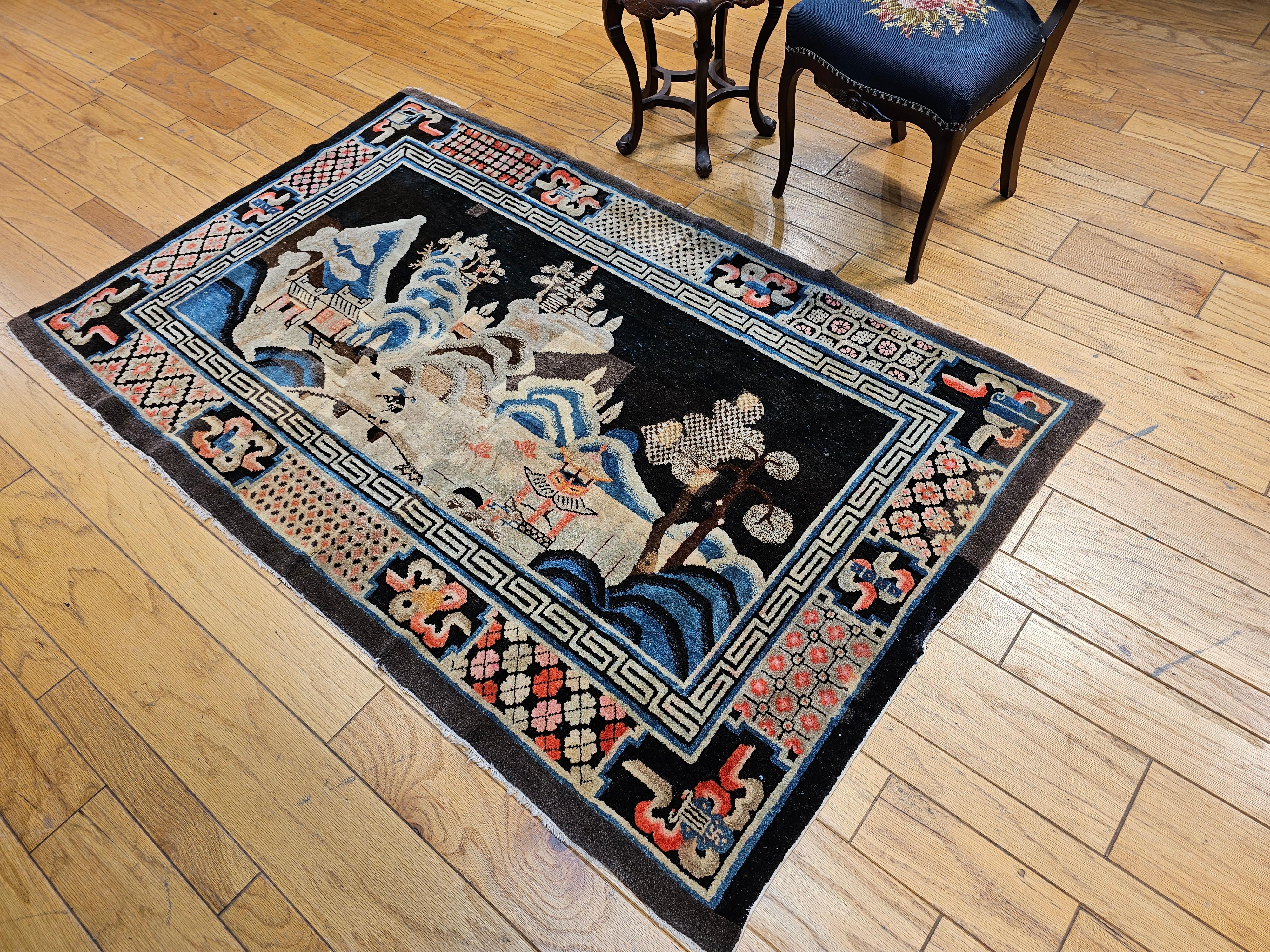 Late 1800s Ningxia Chinese Rug with A Pictorial Design of Forest, Mountains For Sale 3