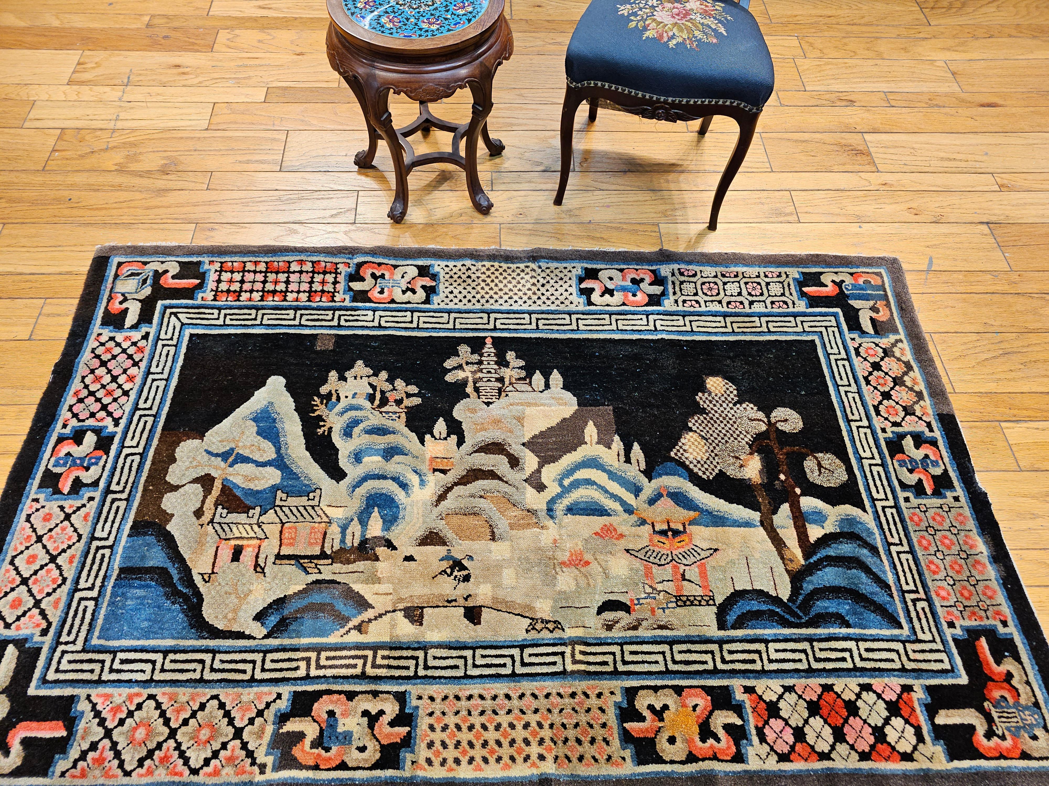 Late 1800s Ningxia Chinese Rug with A Pictorial Design of Forest, Mountains For Sale 5