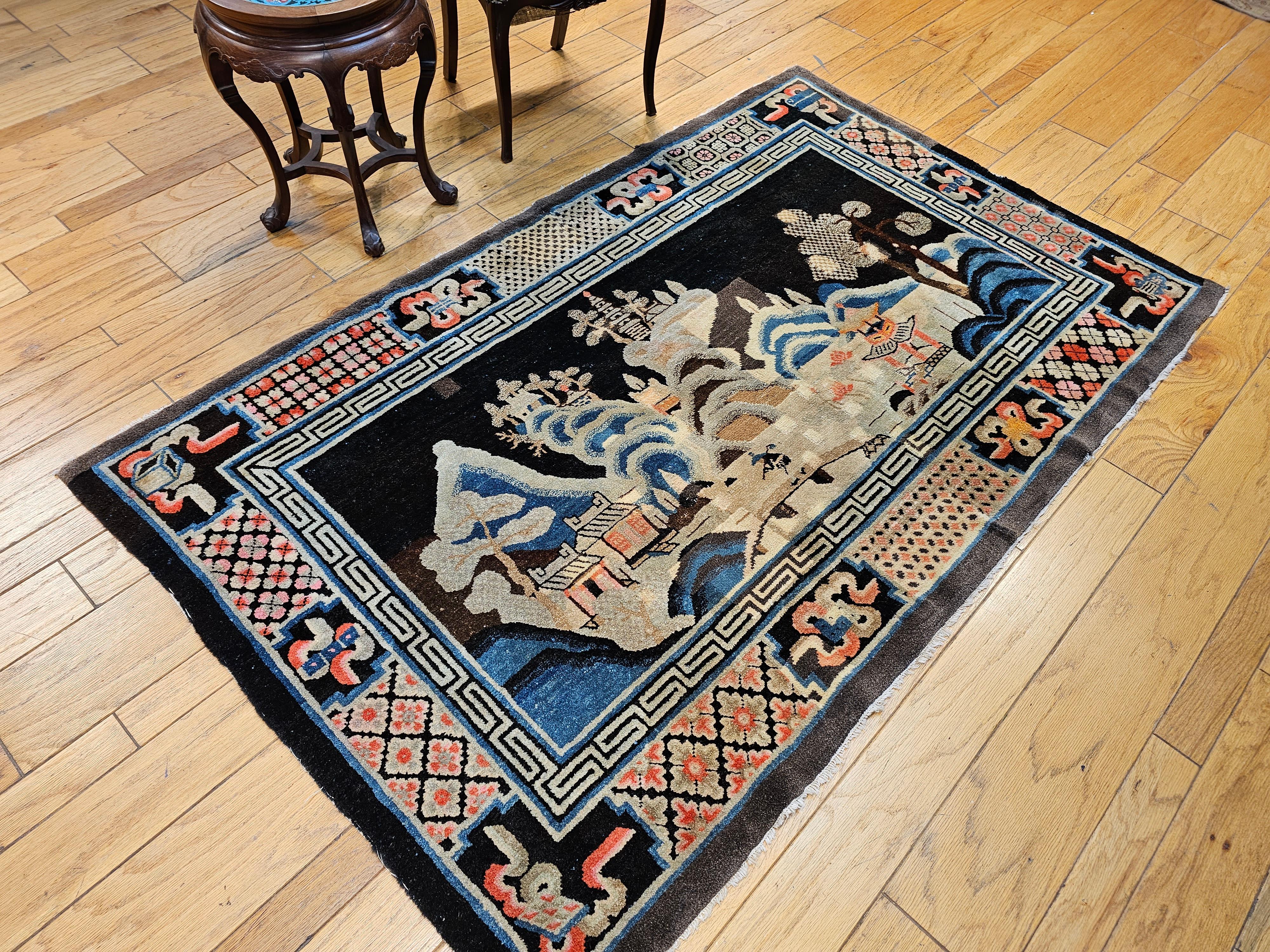 Late 1800s Ningxia Chinese Rug with A Pictorial Design of Forest, Mountains For Sale 7