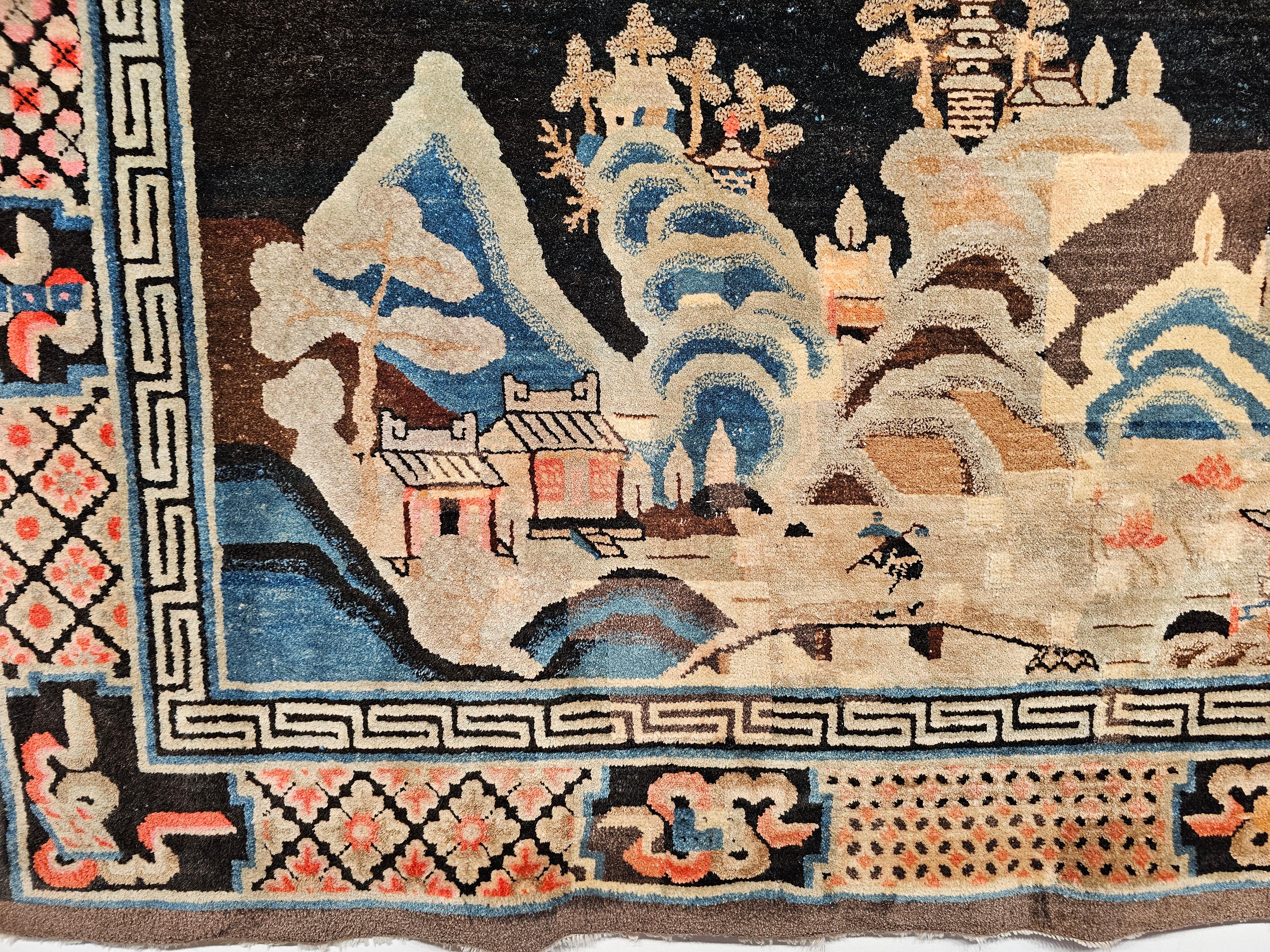 19th Century Late 1800s Ningxia Chinese Rug with A Pictorial Design of Forest, Mountains For Sale