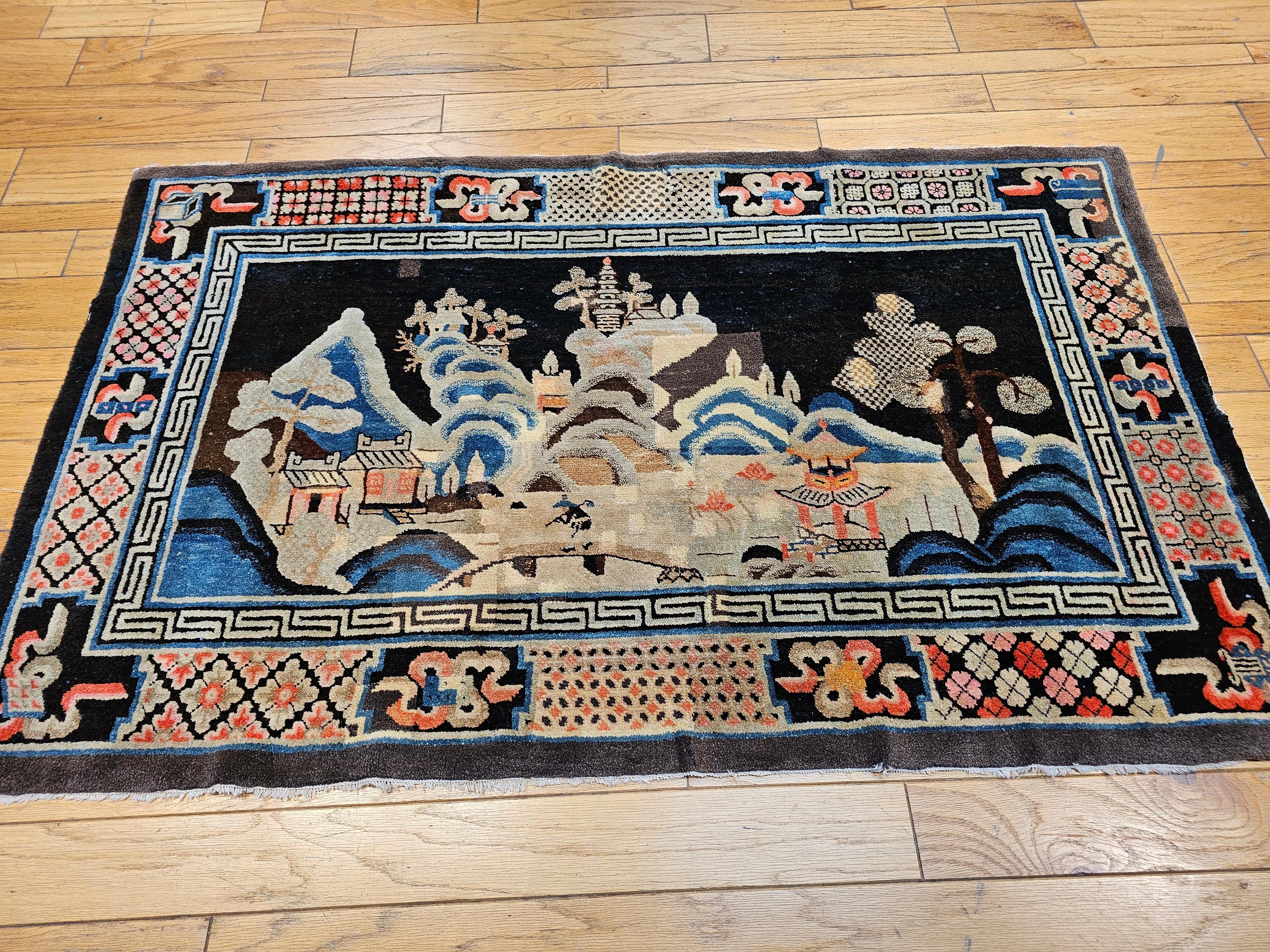 Late 1800s Ningxia Chinese Rug with A Pictorial Design of Forest, Mountains For Sale 2