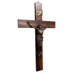 Early 1900s Art Deco Cocobolo Wood and Bronzed Metal Christ Corpus on Crucifix