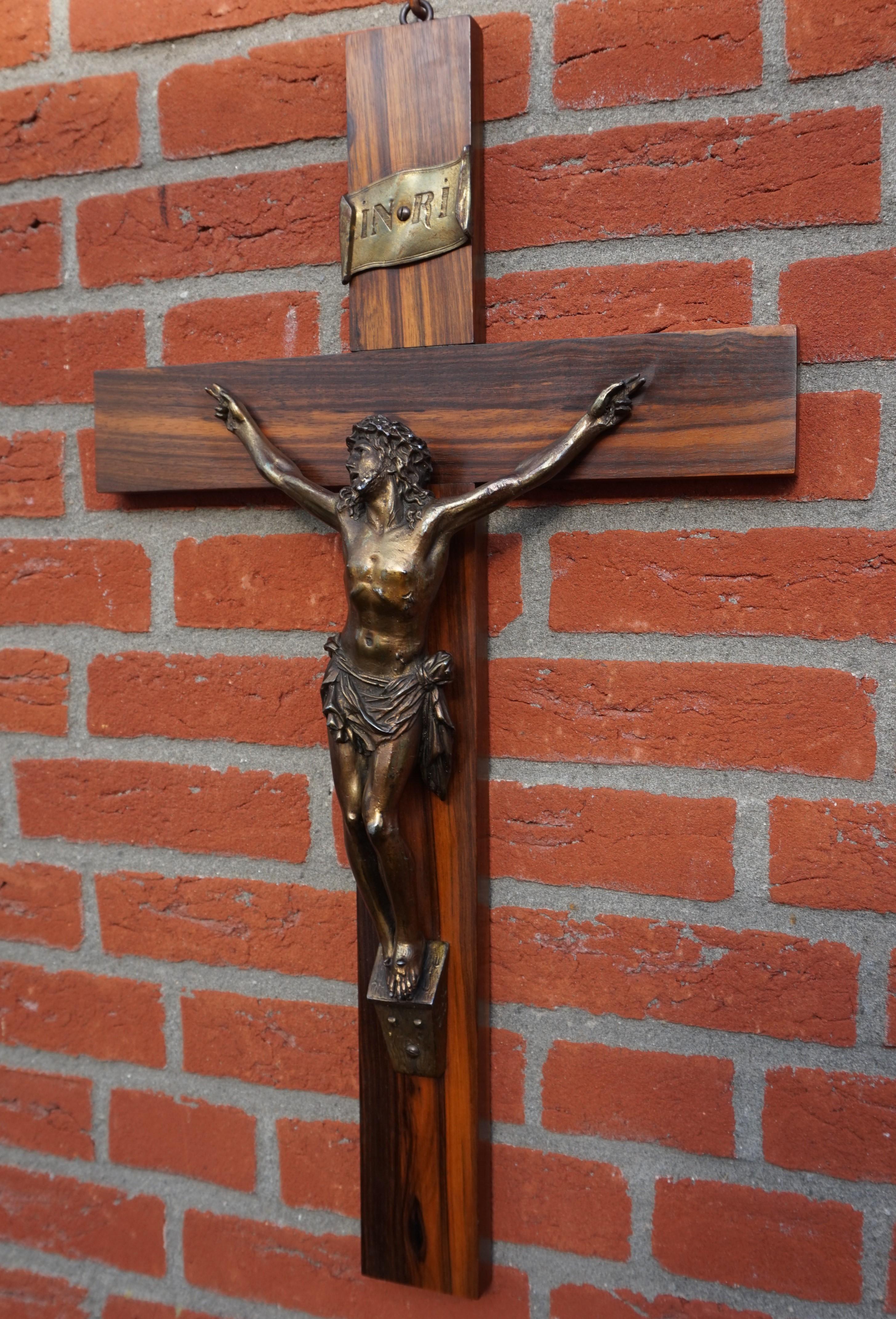 Early 1900s Art Deco Coromandel Wood and Bronzed Metal Christ Corpus on Crucifix 6