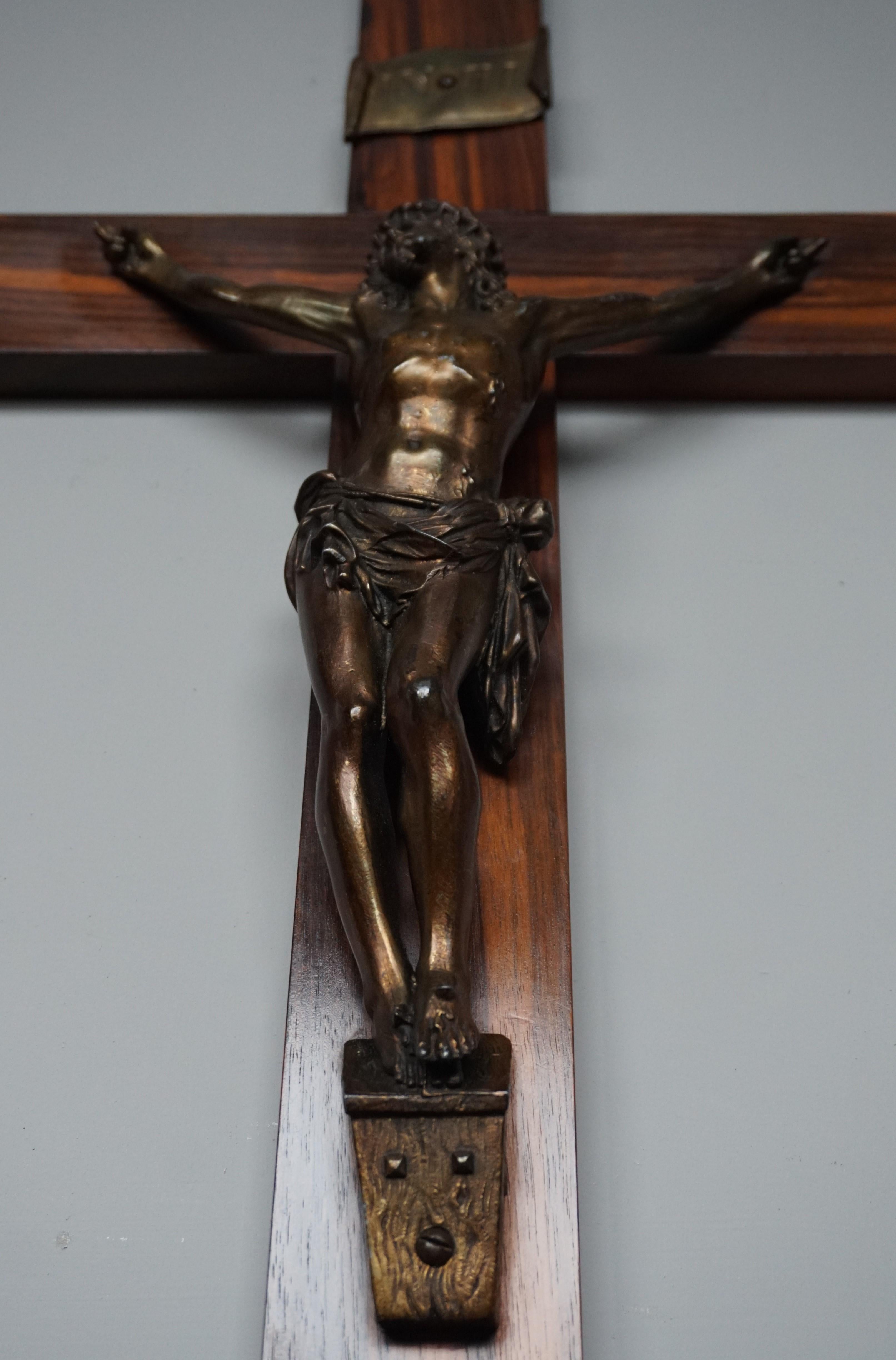 Early 1900s Art Deco Coromandel Wood and Bronzed Metal Christ Corpus on Crucifix 14