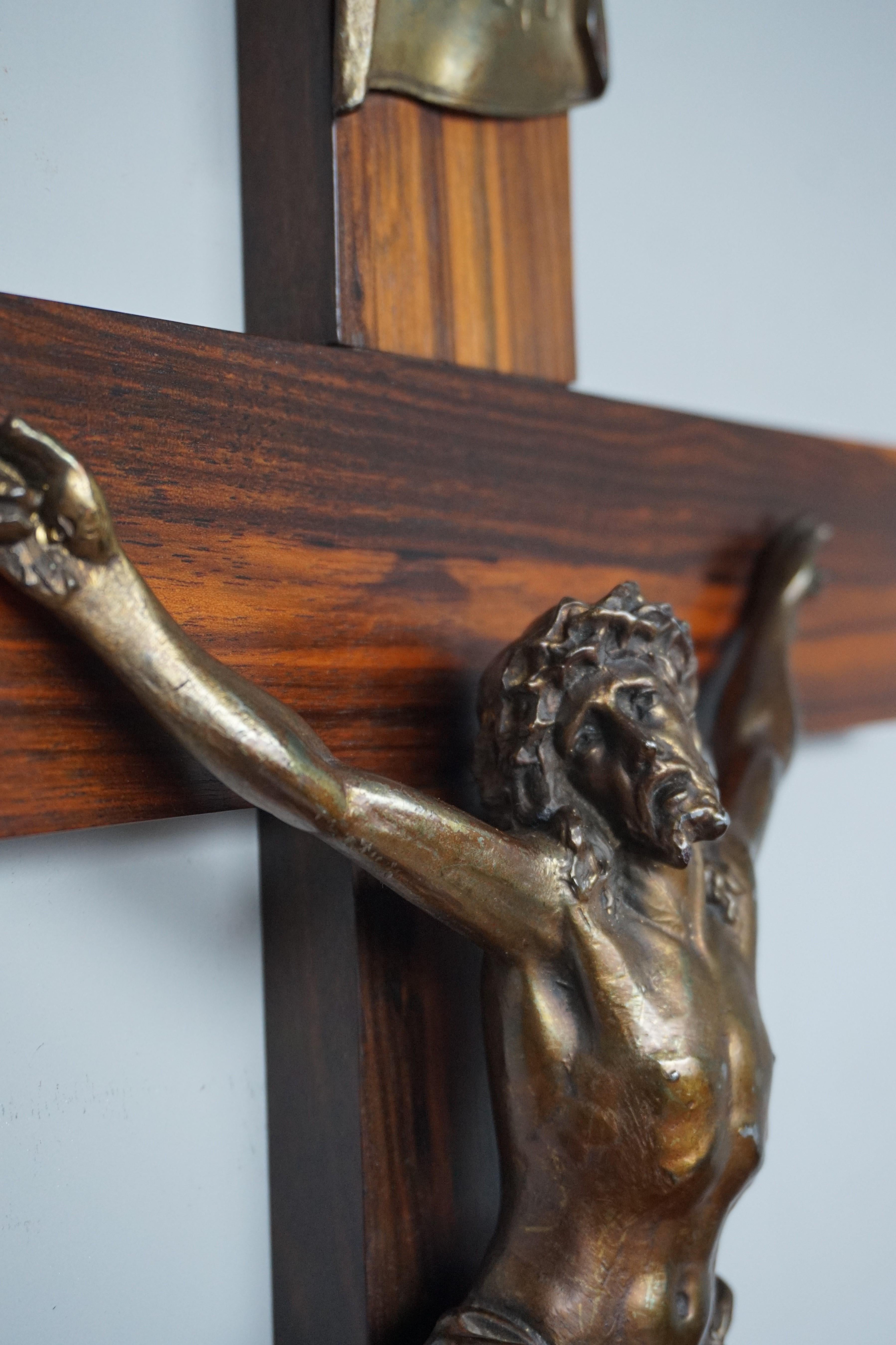 European Early 1900s Art Deco Coromandel Wood and Bronzed Metal Christ Corpus on Crucifix