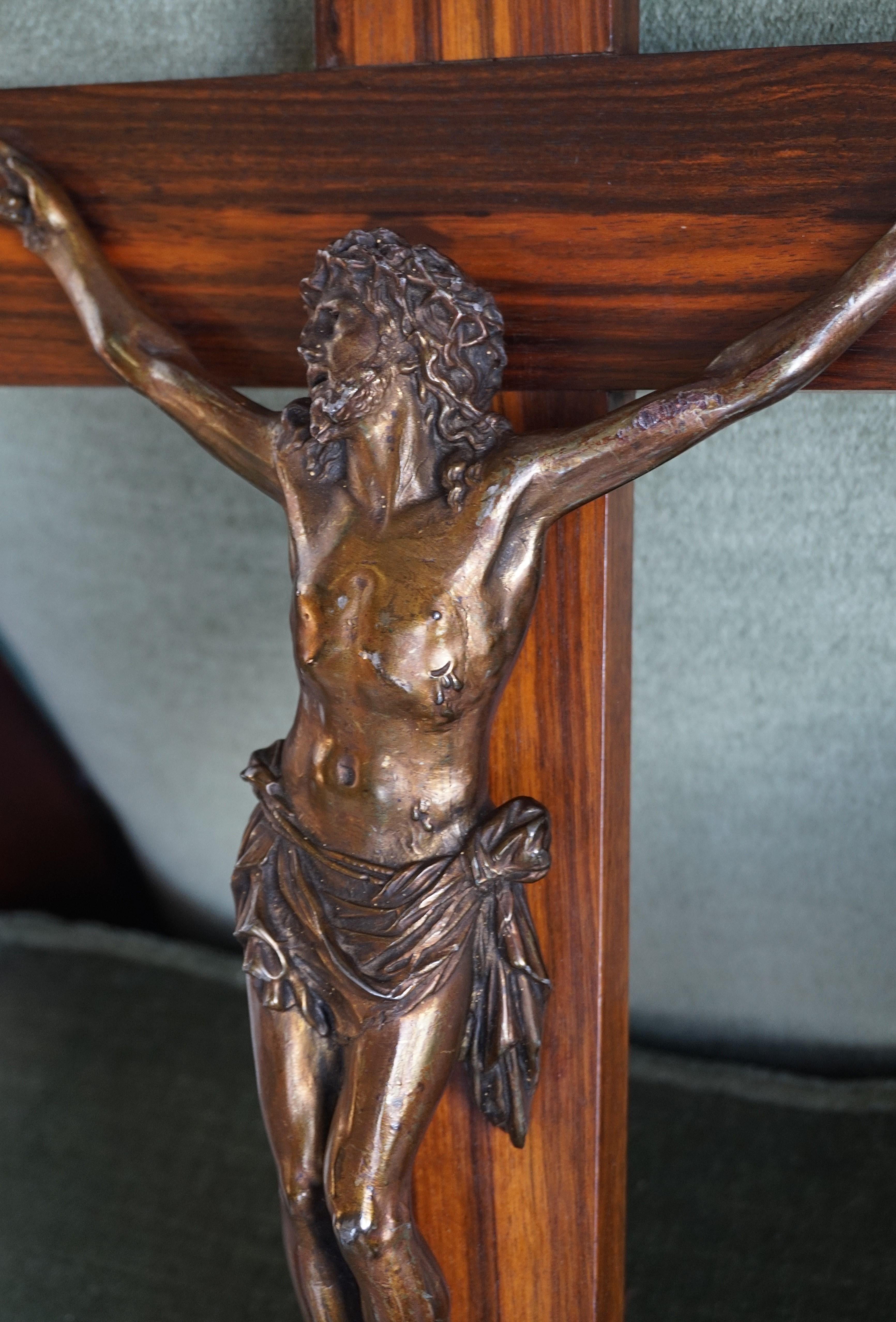 20th Century Early 1900s Art Deco Coromandel Wood and Bronzed Metal Christ Corpus on Crucifix