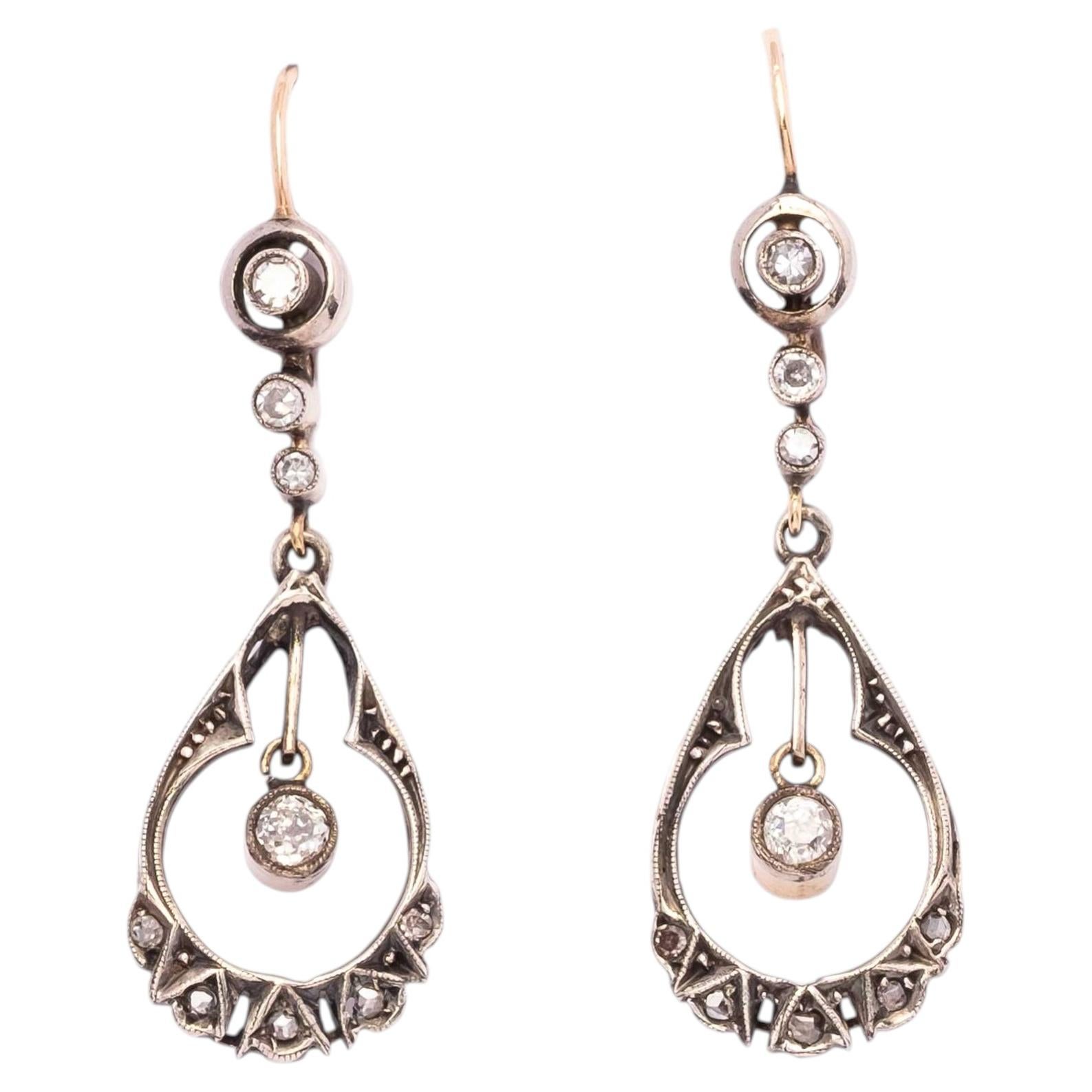 Early 1900s Art Nouveau 18ct Gold and Silver Earrings with Diamonds