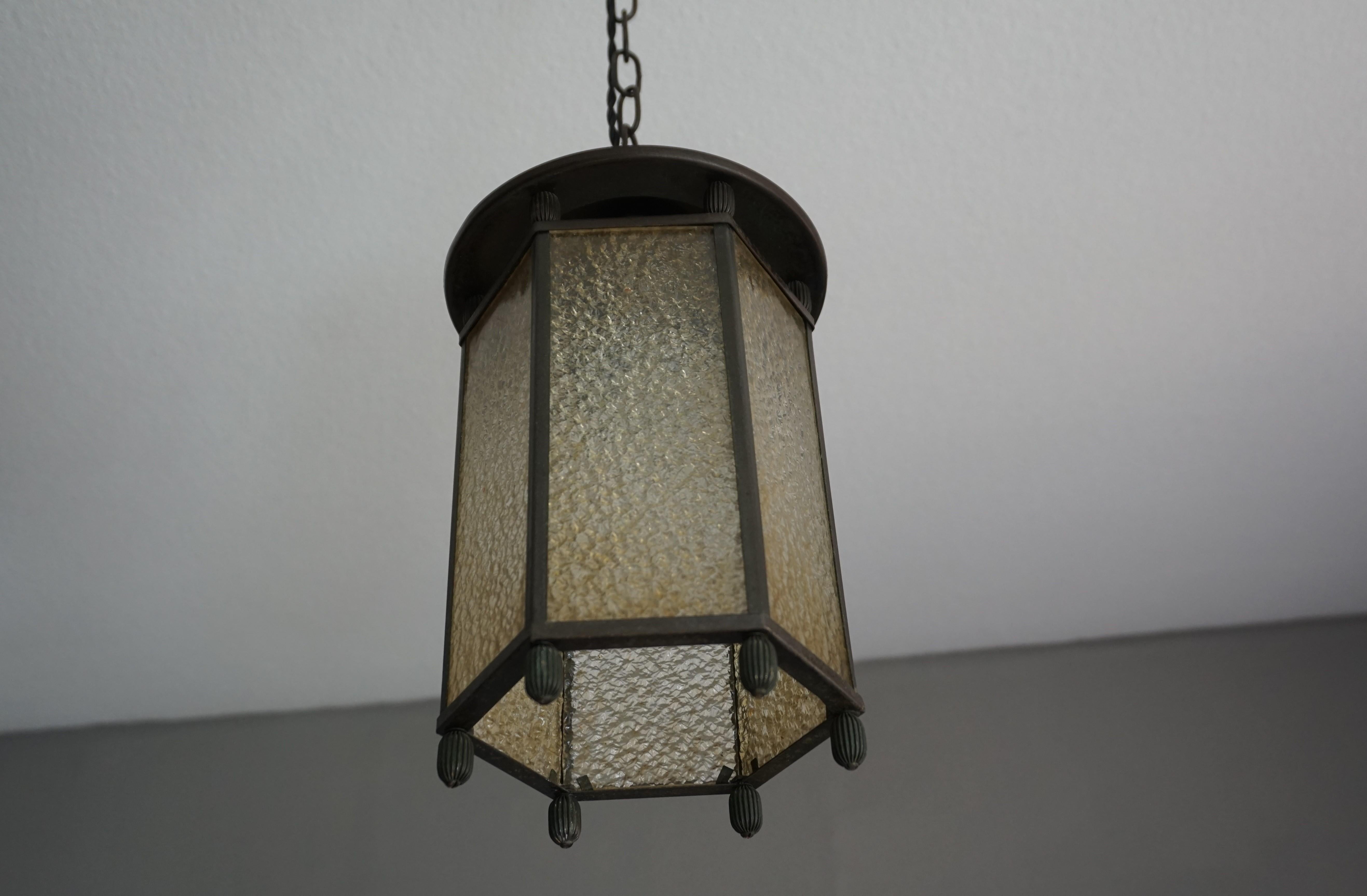 20th Century Early 1900s Arts & Crafts Brass and Cathedral Glass Pendant Light Fixture