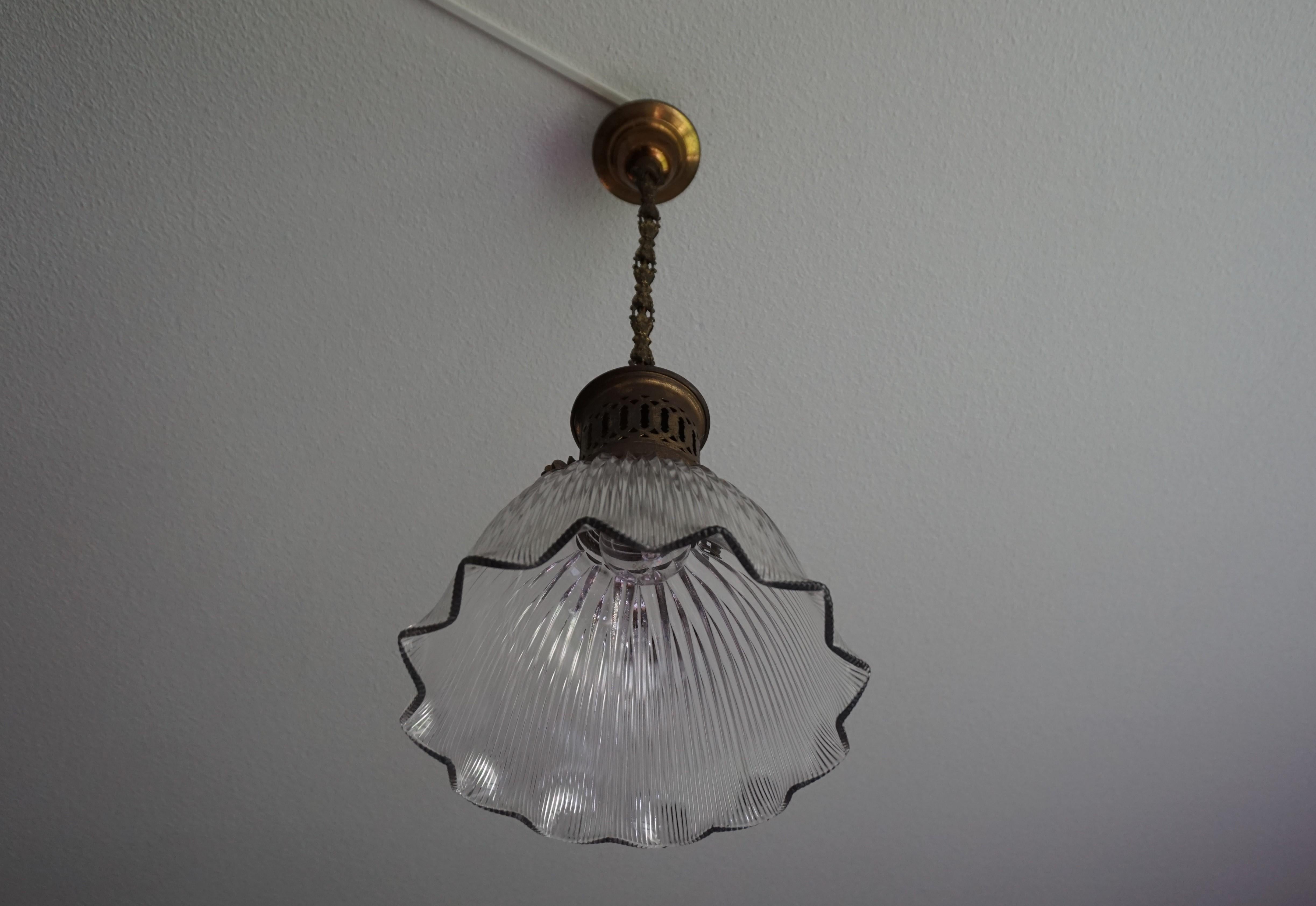 Early 1900s Arts & Crafts Brass and Prismatic Glass Pendant Light by Holophane For Sale 2