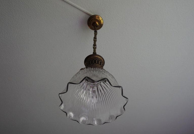 Early 1900s Arts & Crafts Brass and Prismatic Glass Pendant Light by Holophane For Sale 3