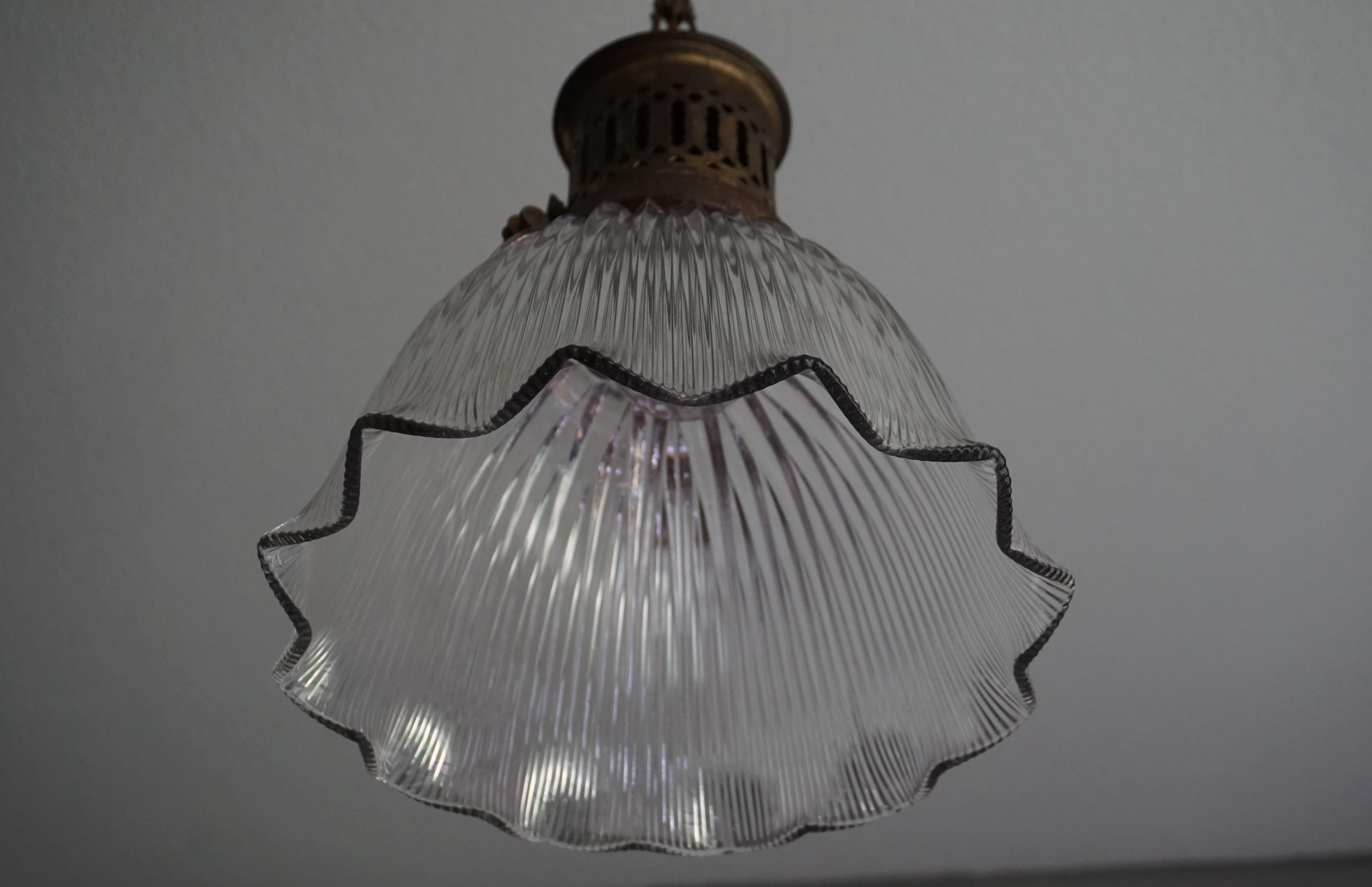 Early 1900s Arts & Crafts Brass and Prismatic Glass Pendant Light by Holophane 3