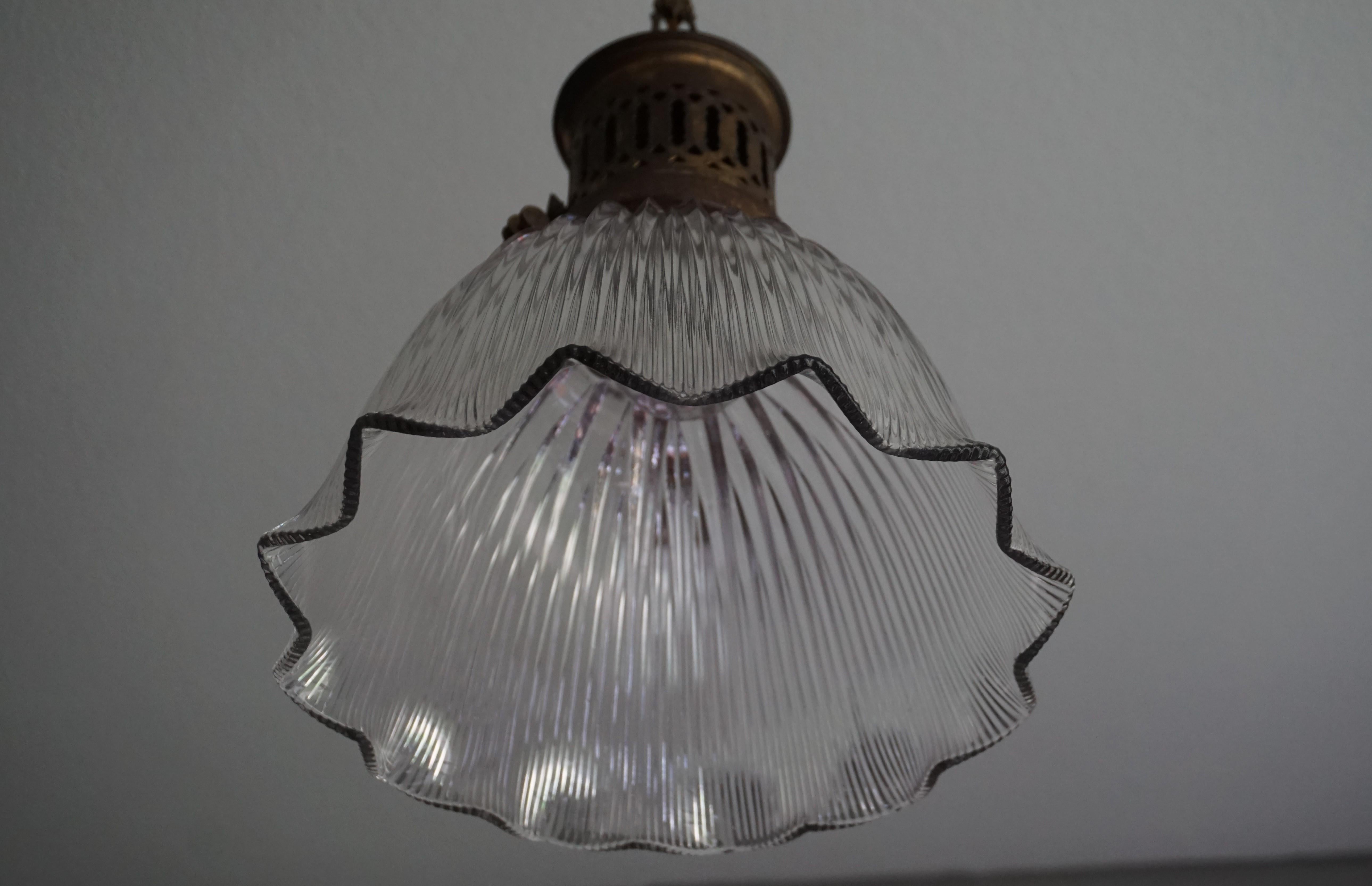 Early 1900s Arts & Crafts Brass and Prismatic Glass Pendant Light by Holophane For Sale 3