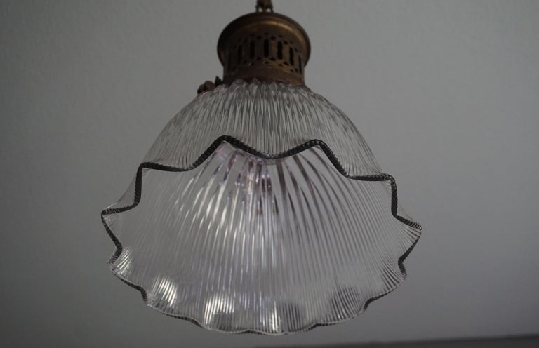 Early 1900s Arts & Crafts Brass and Prismatic Glass Pendant Light by Holophane For Sale 4