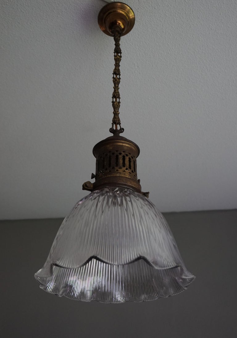 Early 1900s Arts & Crafts Brass and Prismatic Glass Pendant Light by Holophane For Sale 6