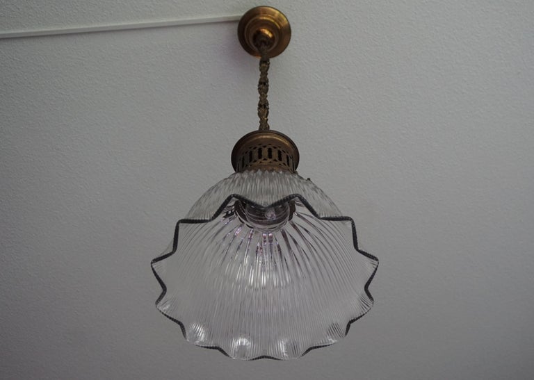 Early 1900s Arts & Crafts Brass and Prismatic Glass Pendant Light by Holophane For Sale 7