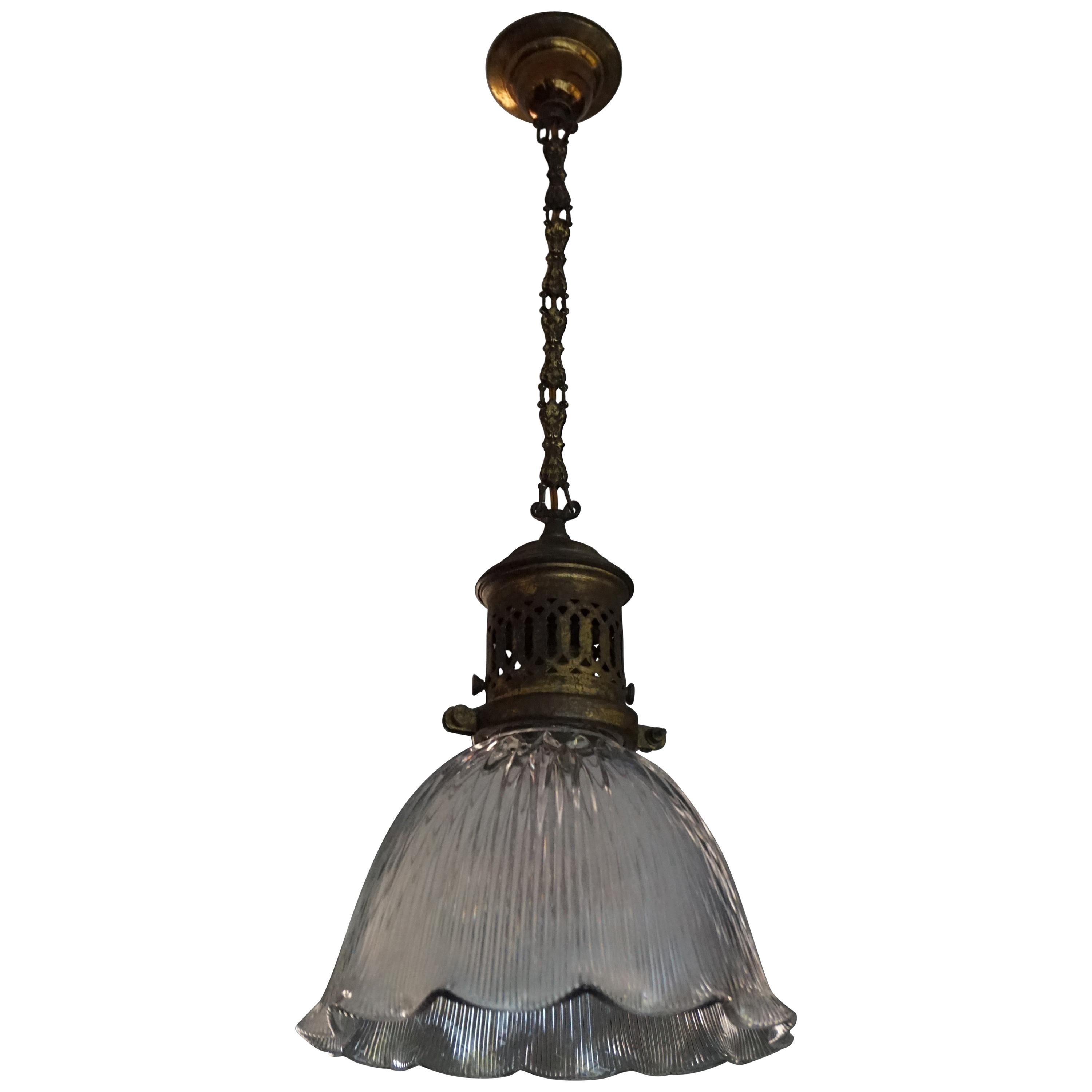 Early 1900s Arts & Crafts Brass and Prismatic Glass Pendant Light by Holophane