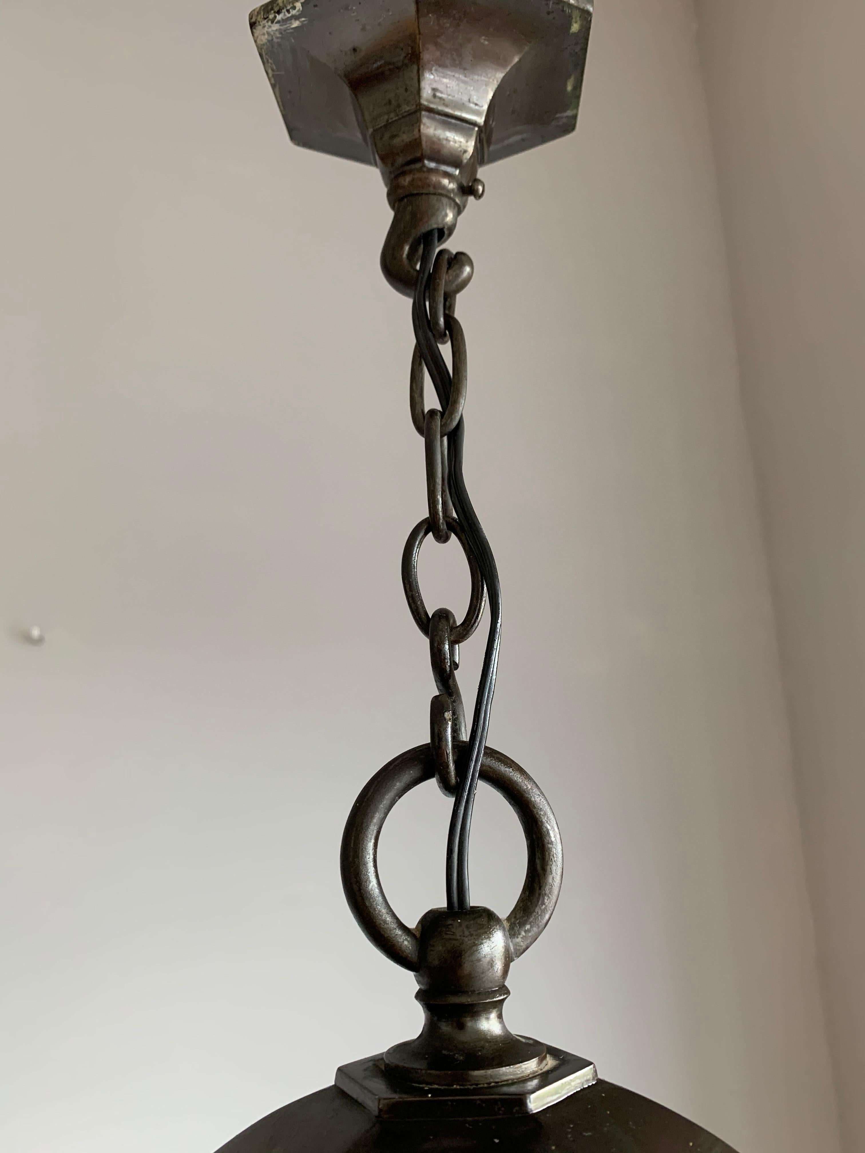 Early 1900s Arts & Crafts Bronzed Metal and Cathedral Glass Pendant or Lantern 8