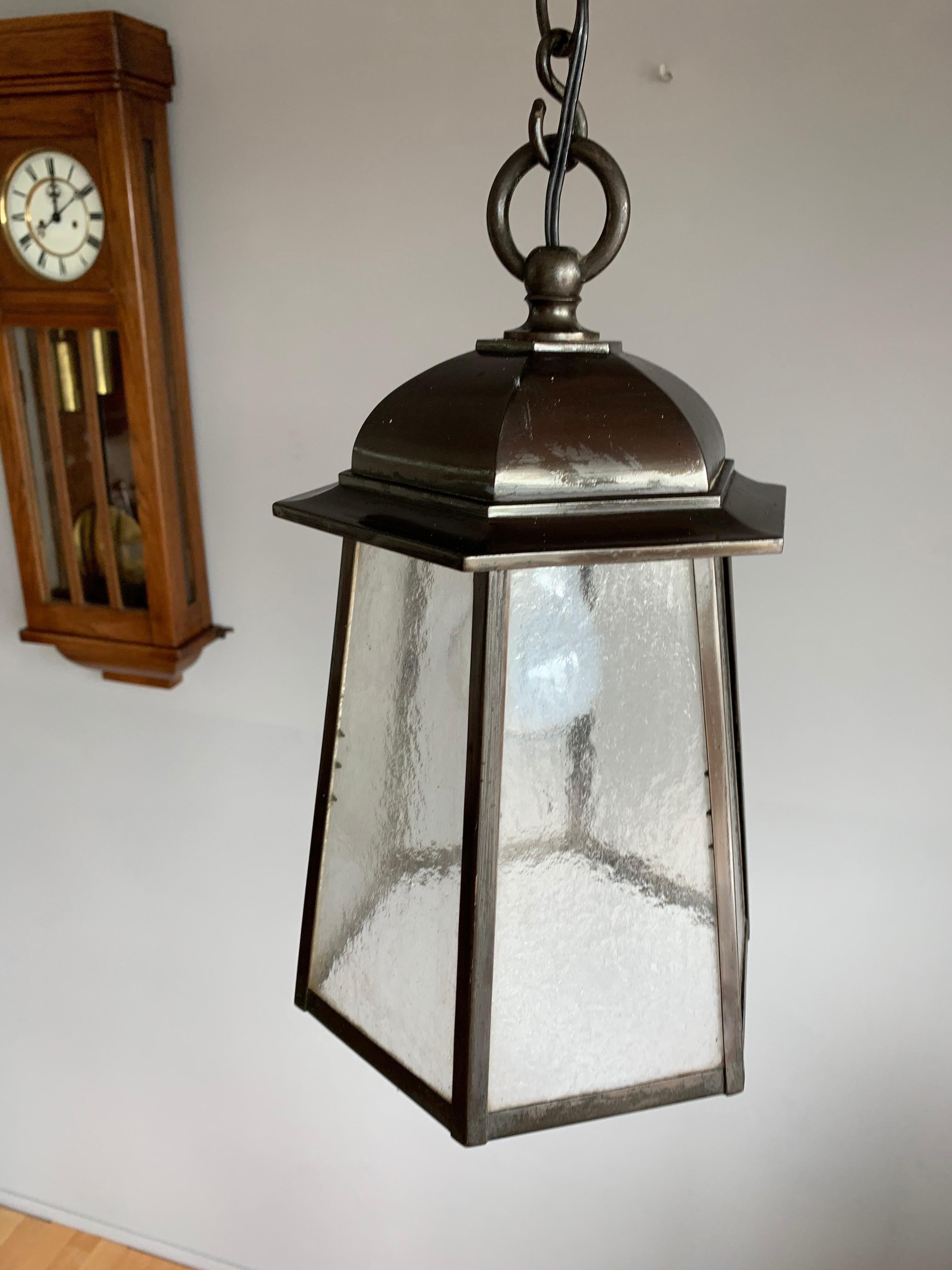 Early 1900s Arts & Crafts Bronzed Metal and Cathedral Glass Pendant or Lantern 10