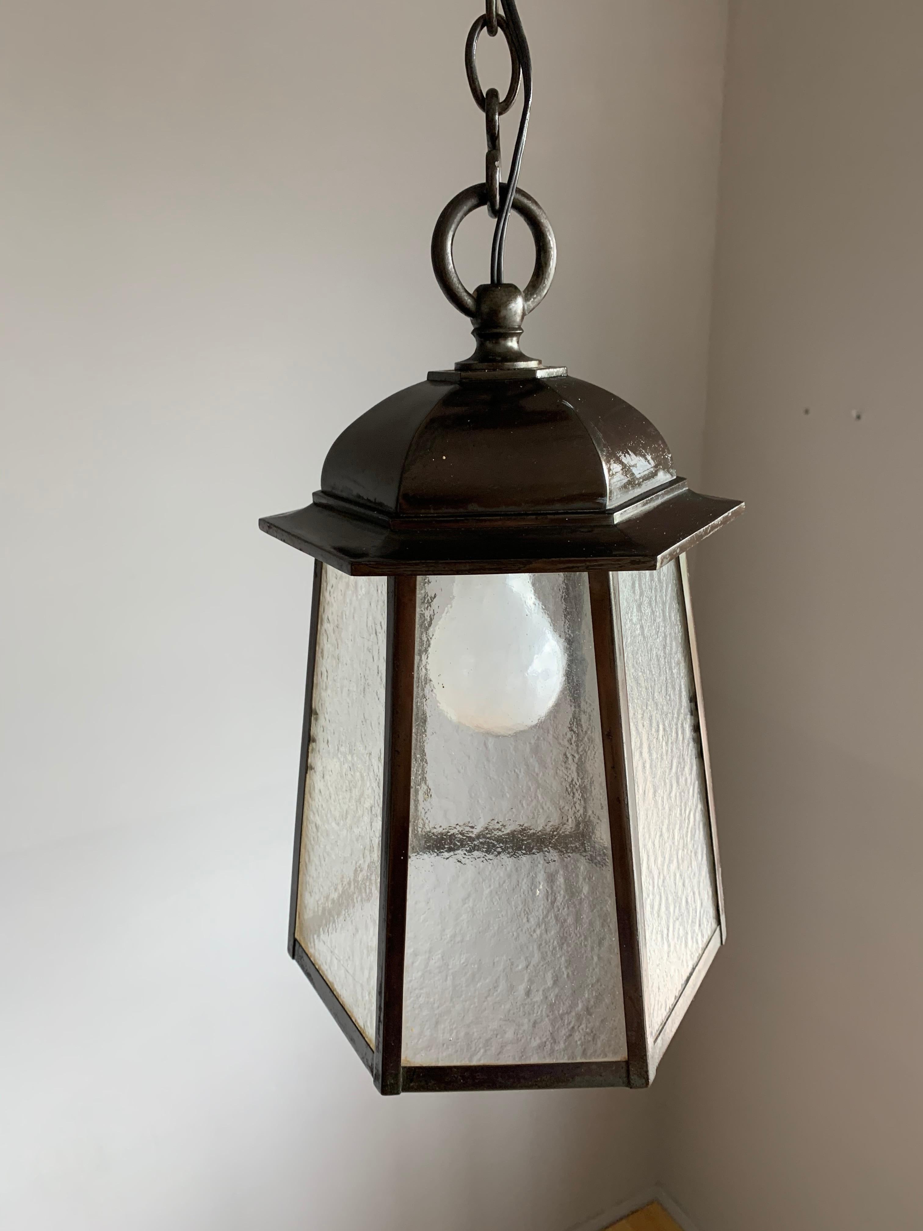 Unique and all handcrafted, hexagonal light fixture. 

If you are looking for a stylish and quality crafted light to grace your entry hall, landing or bedroom then this Arts & Crafts beauty could be perfect for you. It may sound strange, but this