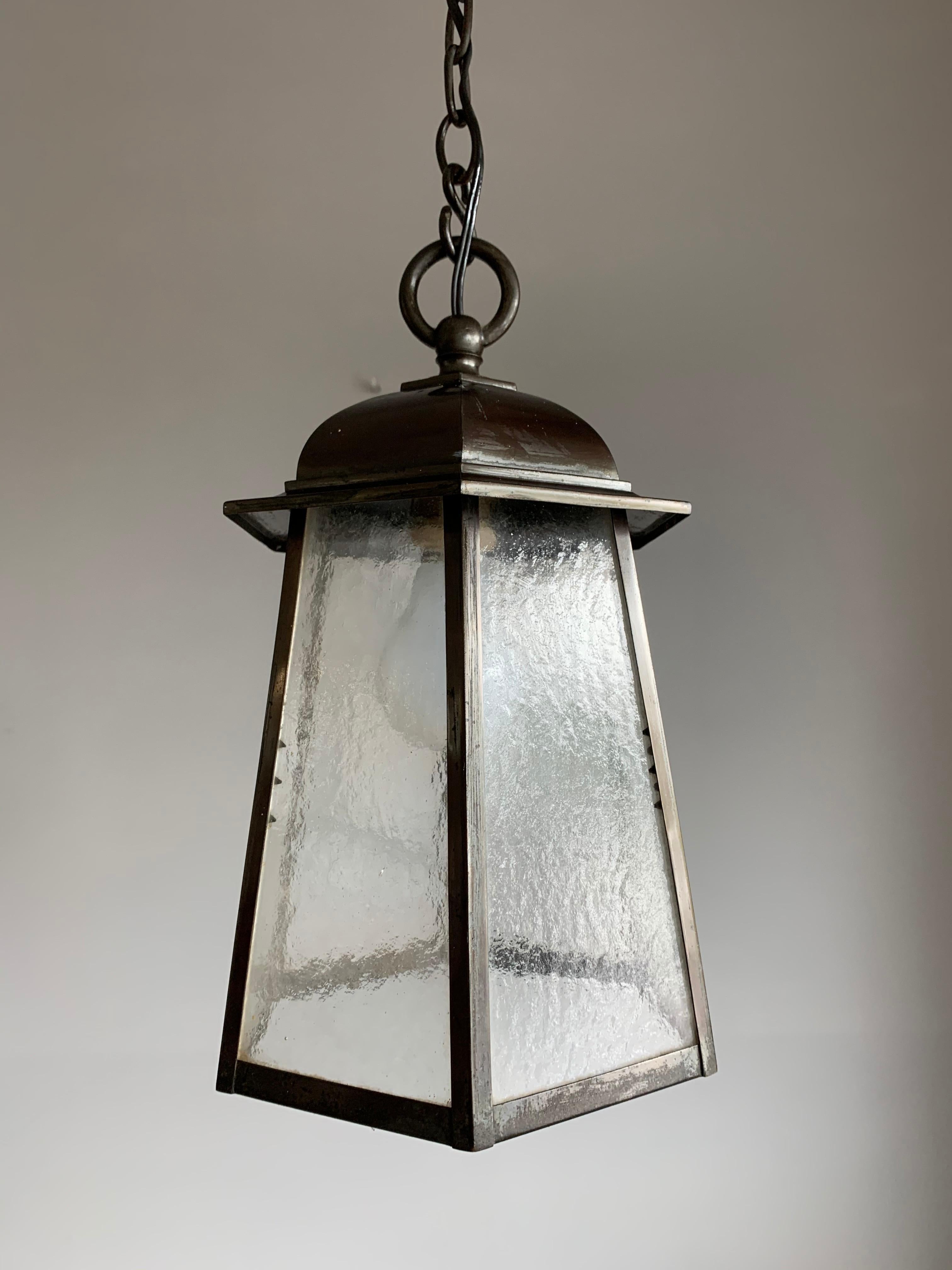 Arts and Crafts Early 1900s Arts & Crafts Bronzed Metal and Cathedral Glass Pendant or Lantern