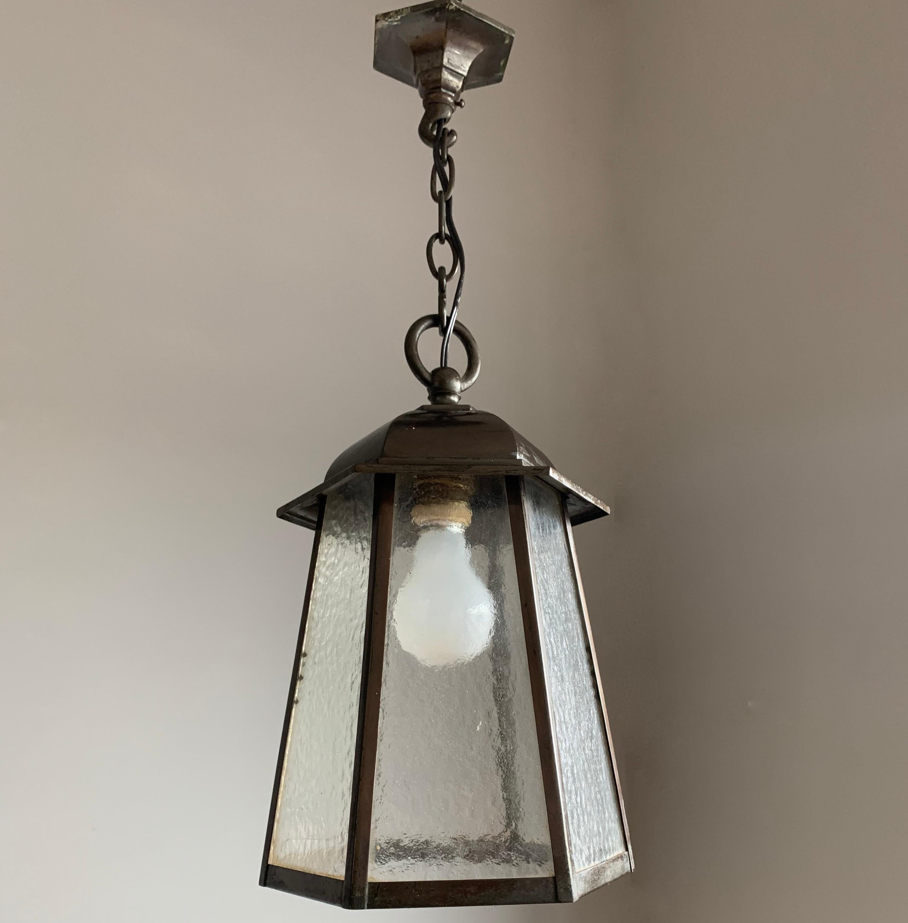 20th Century Early 1900s Arts & Crafts Bronzed Metal and Cathedral Glass Pendant or Lantern